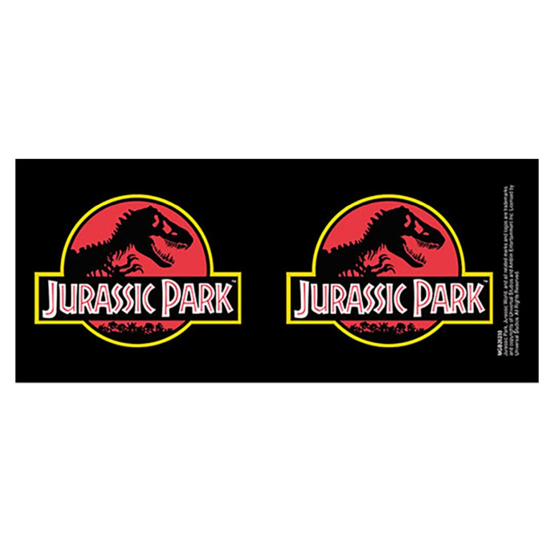 Dwa loga Jurassic Park z dinozaurami i tekstem na czarnym tle.