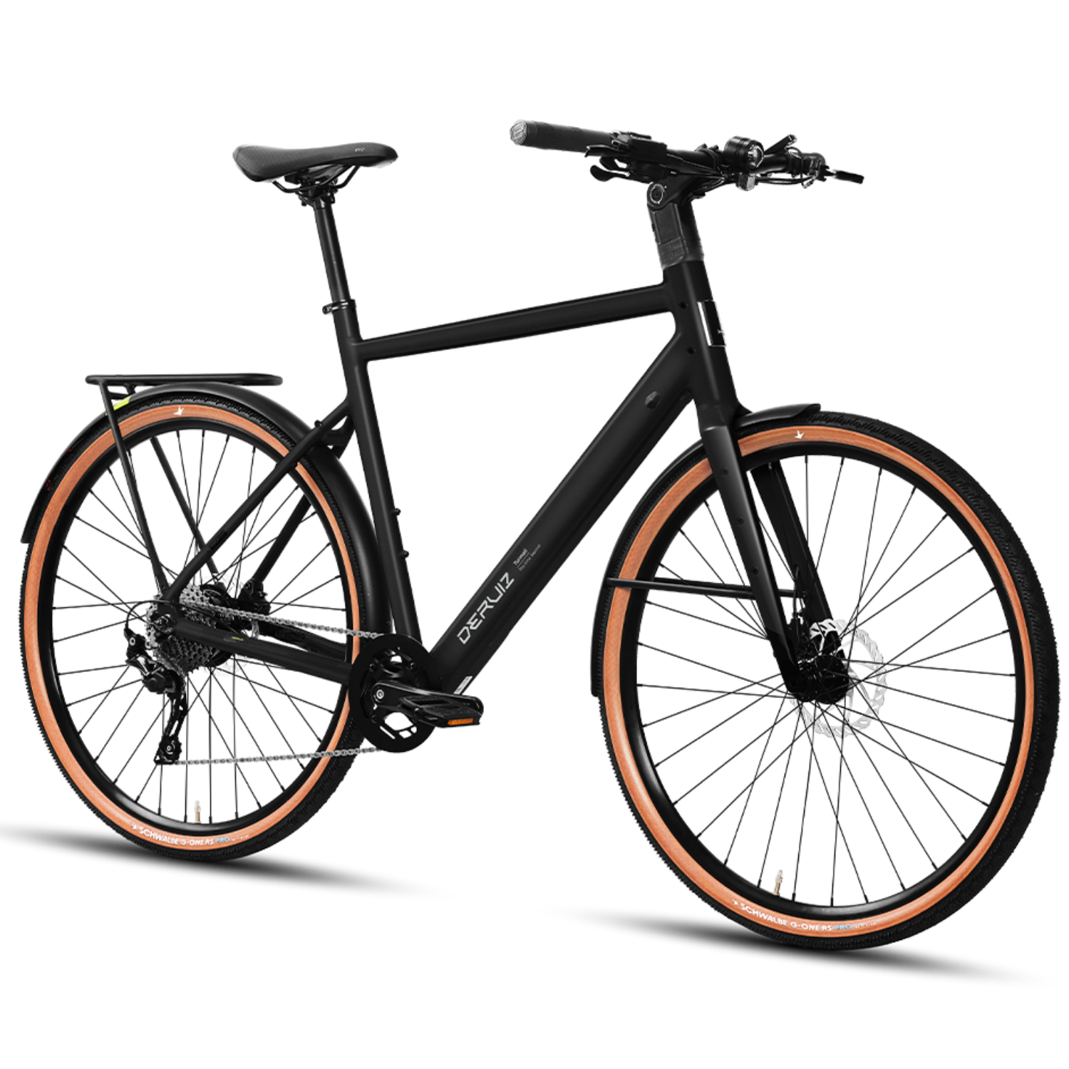Schwarzes Fahrrad mit braunen Reifen, Gepäckträger und Scheibenbremsen.