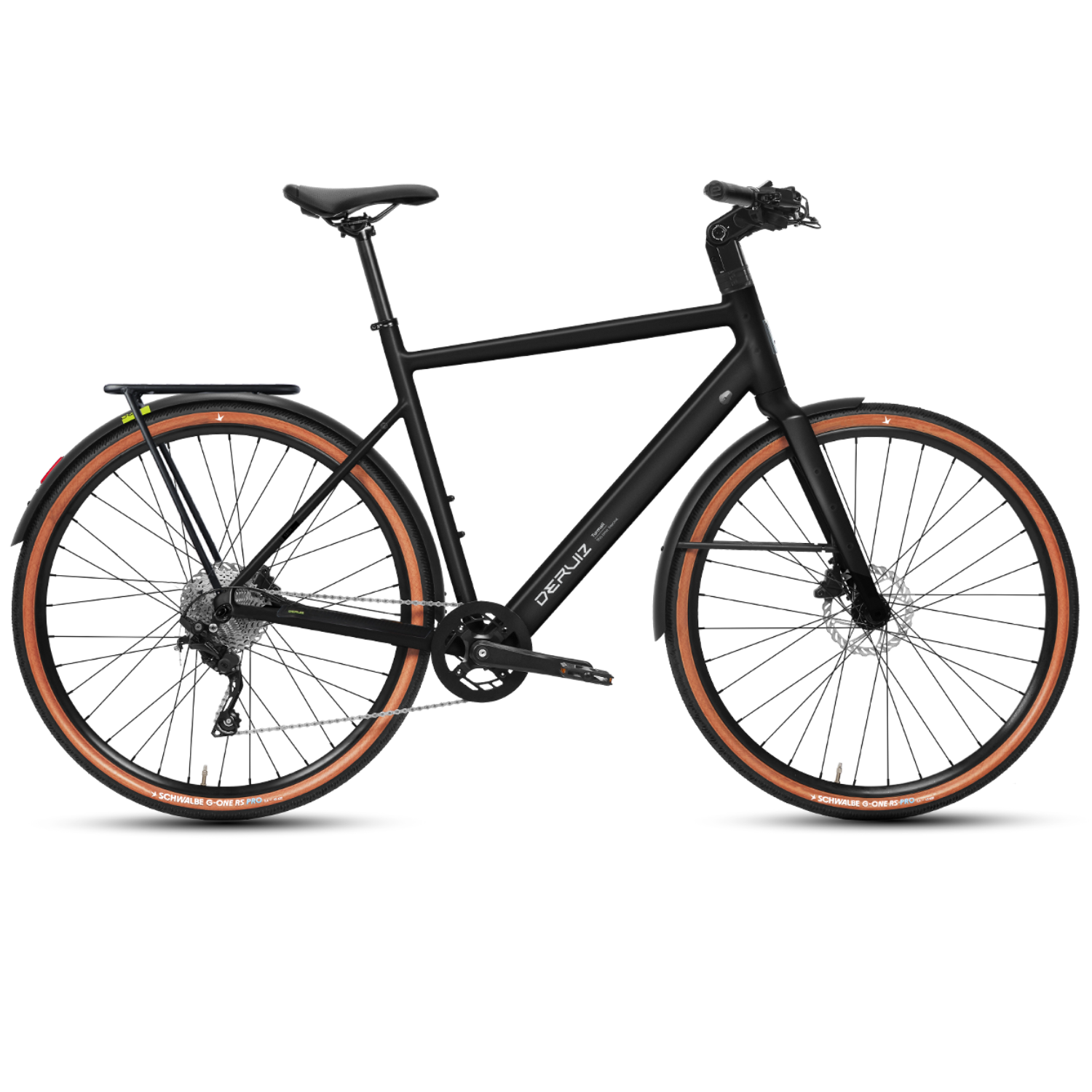 Ein schwarzes Fahrrad mit braunen Reifen, Gepäckträger und Scheibenbremsen.