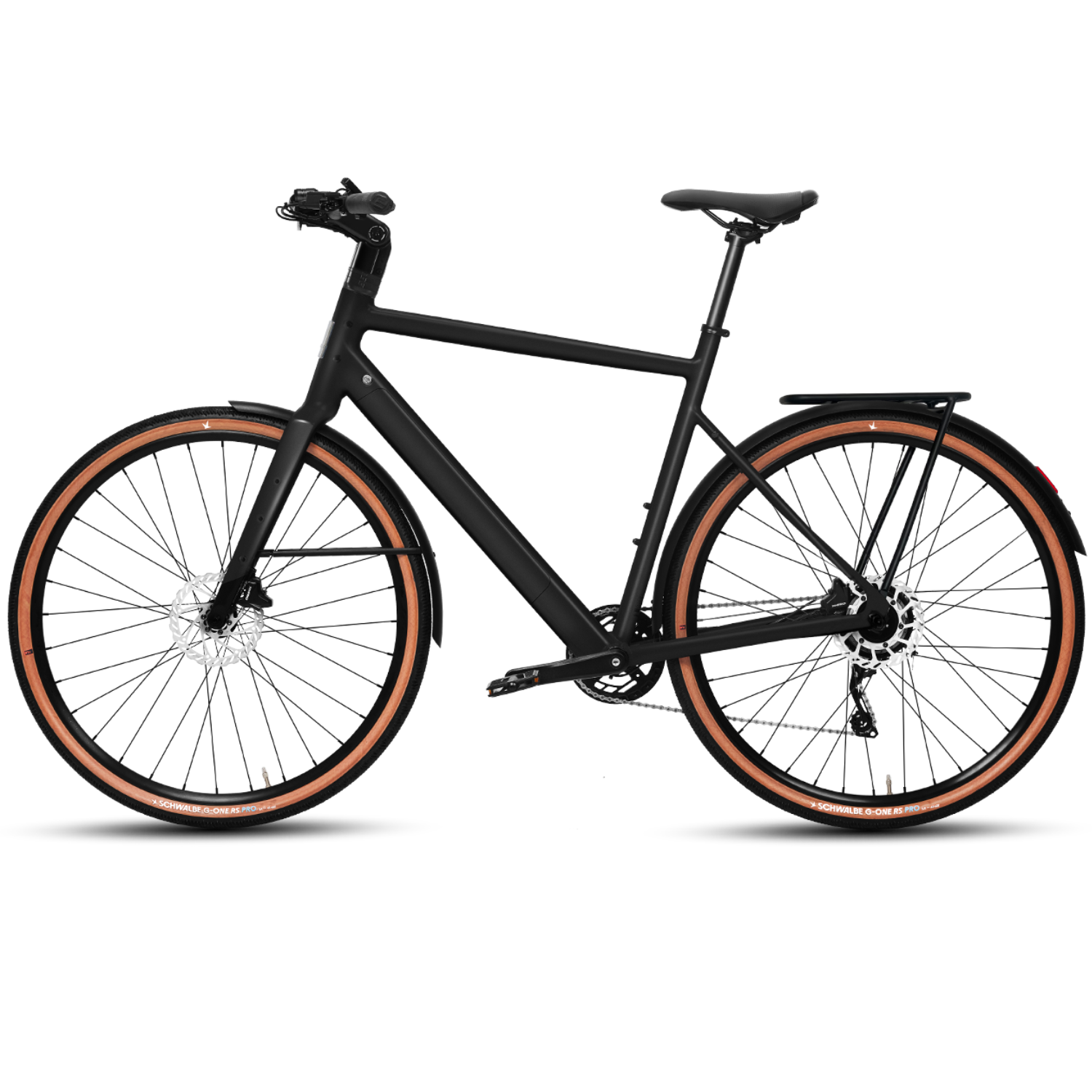 Schwarzes Fahrrad mit braunen Reifen und Gepäckträger.
