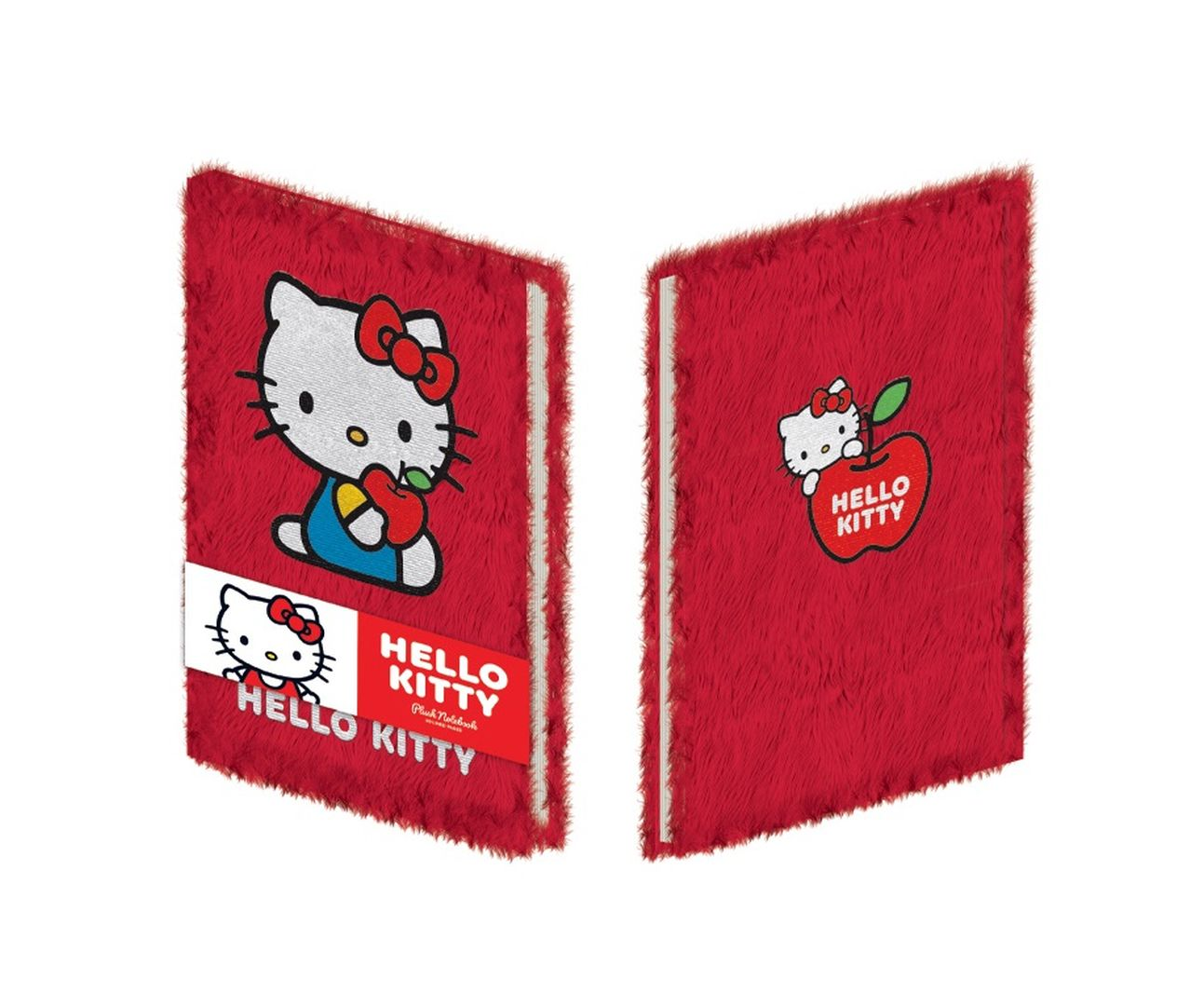 Zwei flauschige rote Notizbücher mit Hello Kitty-Motiven. Eines zeigt sie mit einem Apfel, das andere mit einem Apfel und Schriftzug.