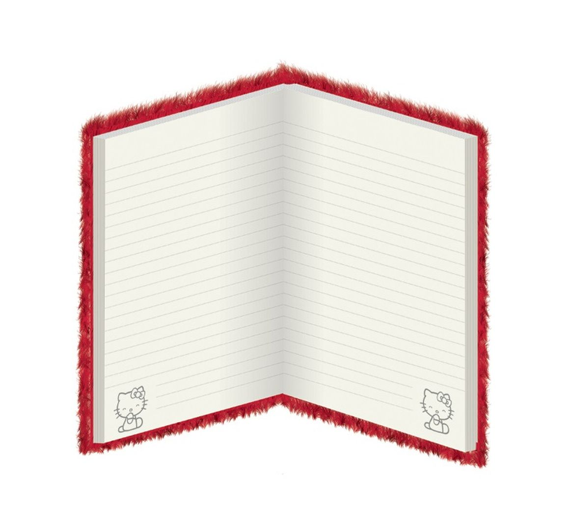 Rotes Notizbuch mit Fellrand, innen liniert, mit Hello Kitty Abbildungen.