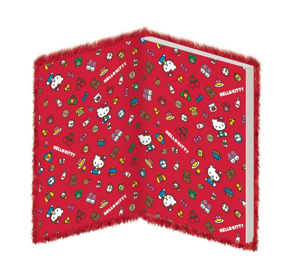 Ein rotes Notizbuch mit Hello Kitty Motiv und flauschigem Rand.