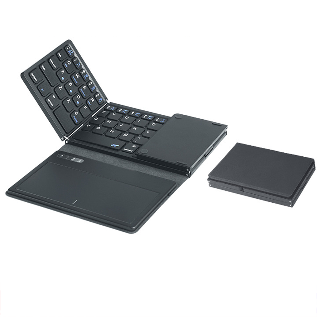 Ein schwarzes faltbares Bluetooth-Keyboard mit Touchpad, daneben ein zugeklapptes Keyboard.