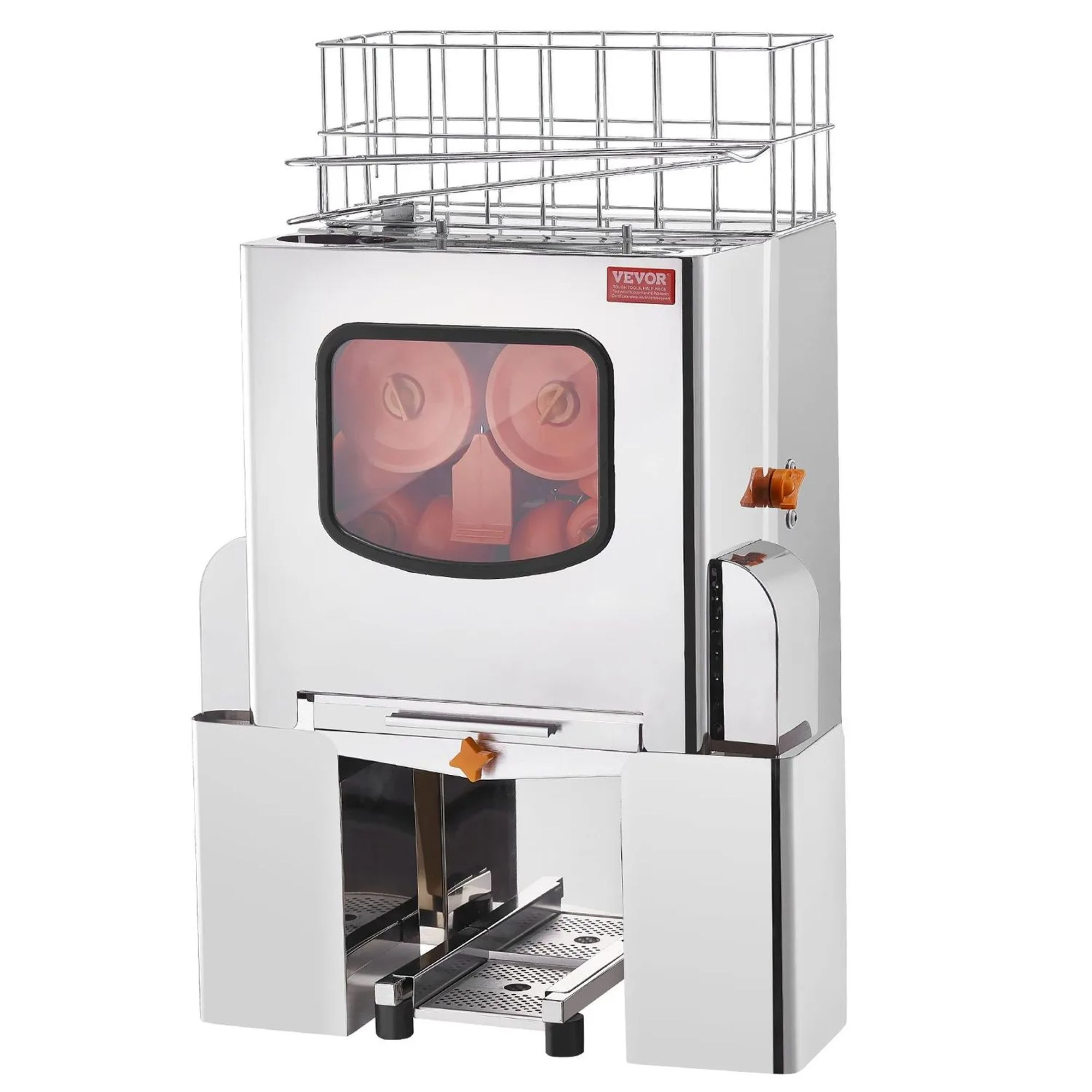 Een zilveren sapcentrifuge met oranje rollen, een bovenste draadmand en een kijkvenster.