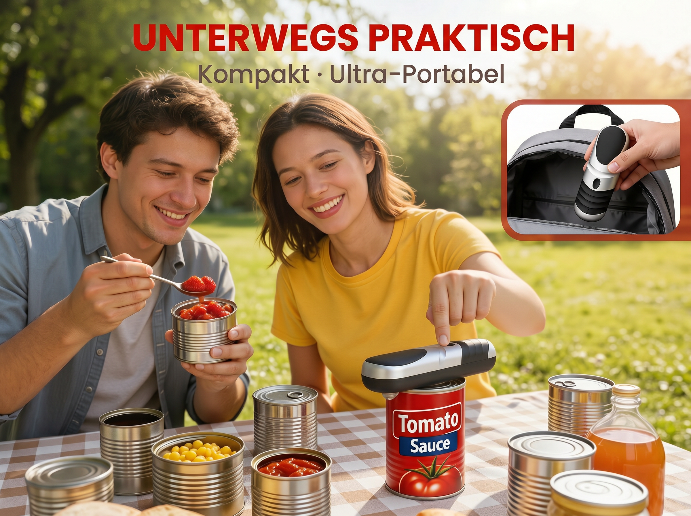 Ein Mann und eine Frau picknicken mit Konserven, einer Flasche Saft und einem Dosenöffner.