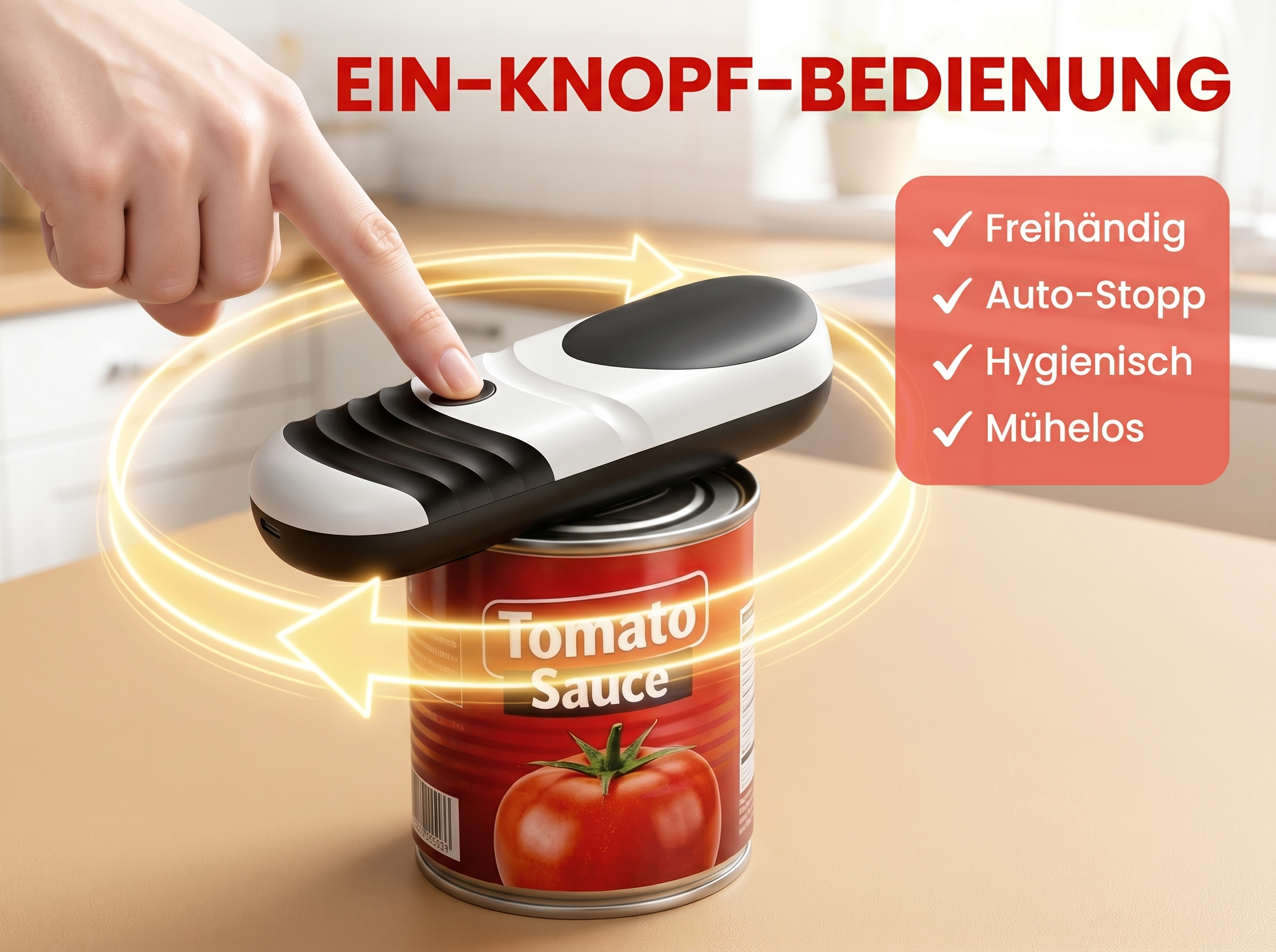 Eine Hand drückt den Knopf eines elektrischen Dosenöffners über einer Tomatensauce.