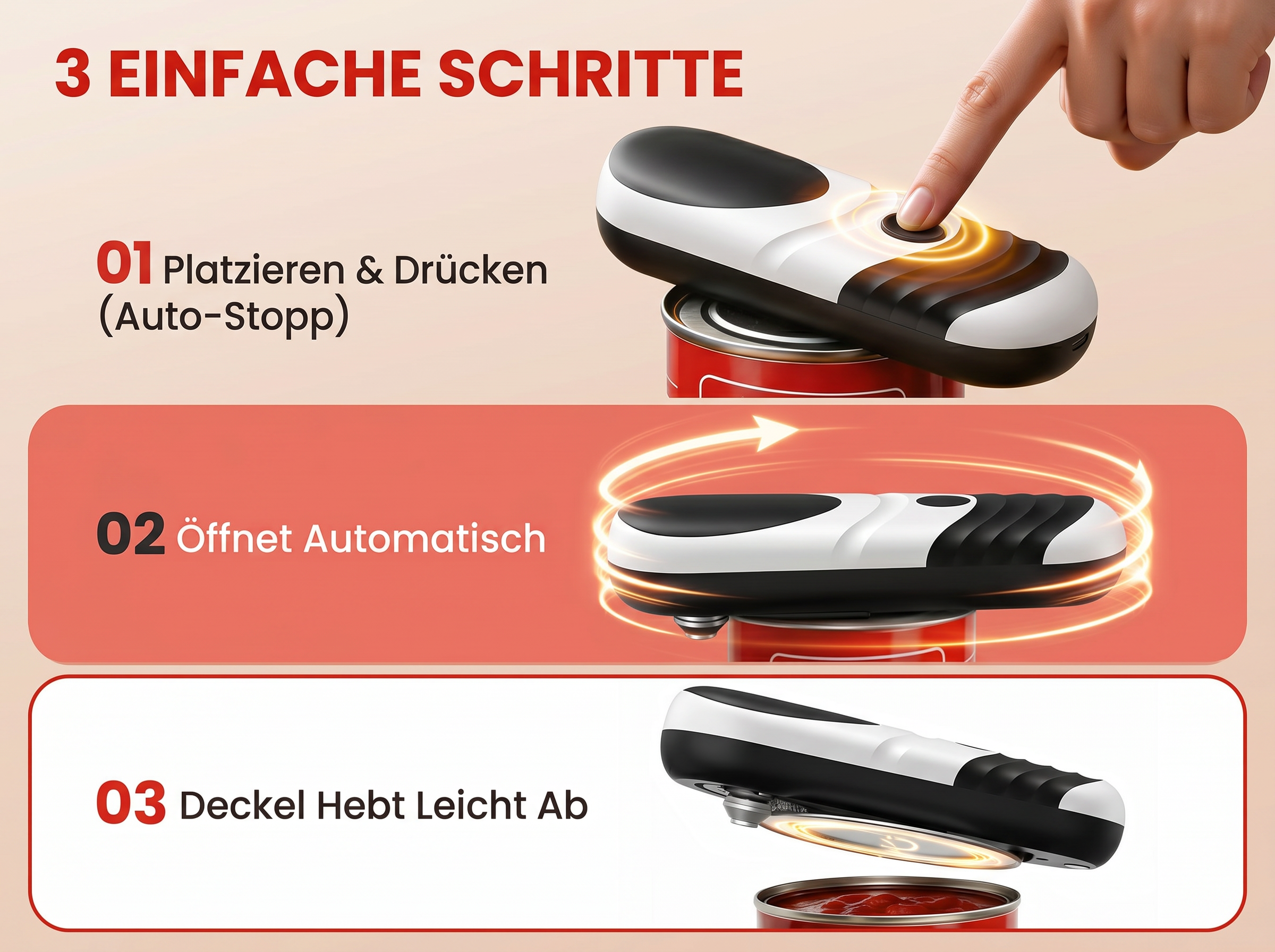 Elektrischer Dosenöffner in 3 Schritten: Platzieren, Öffnen, Deckel abheben.