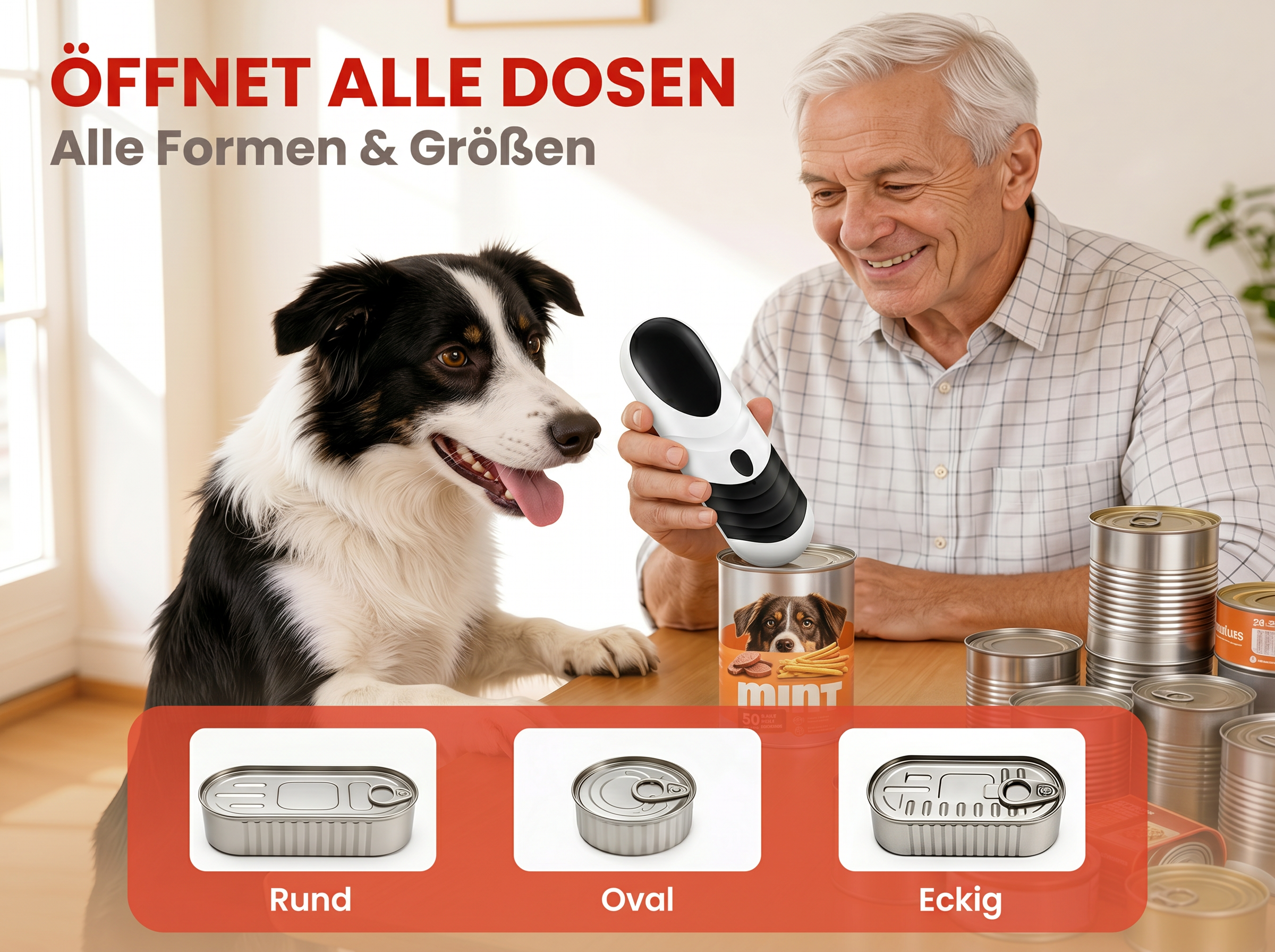 Ein Mann hält einen Dosenöffner über einer Dose mit Hundefutter. Ein Hund sitzt daneben.