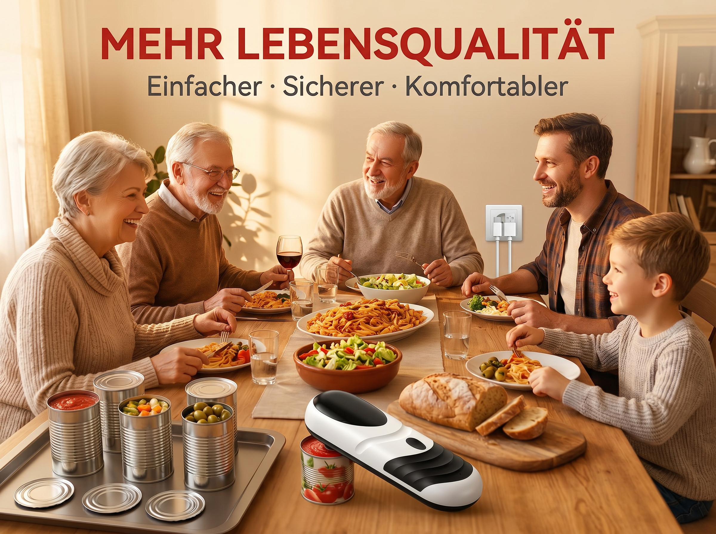 Eine Familie genießt gemeinsam eine Mahlzeit, mit Dosen und Brot auf dem Tisch.