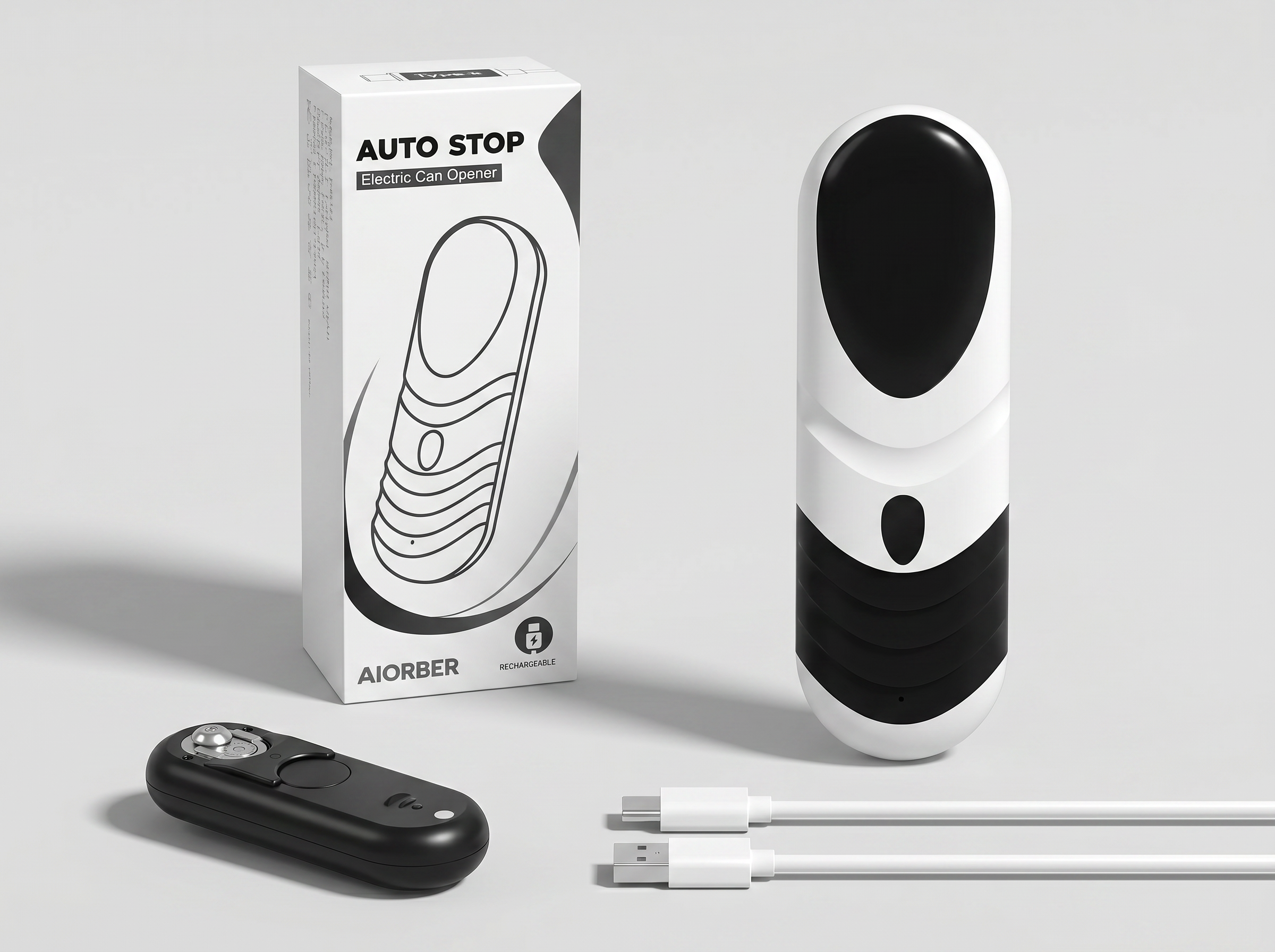 Weiße Box mit 'AUTO STOP' elektrischem Dosenöffner, schwarzer Fernbedienung u. USB-Kabeln.