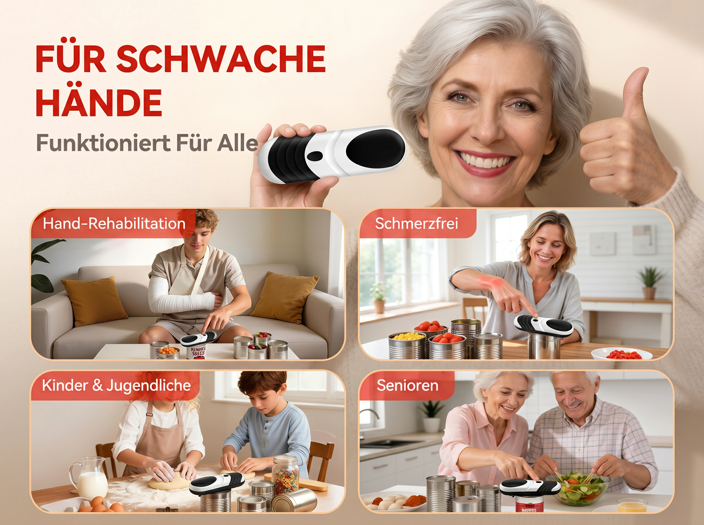 Produktanzeige für schwache Hände mit vier Szenen: Rehabilitation, Schmerzfreiheit, Kinder und Senioren.