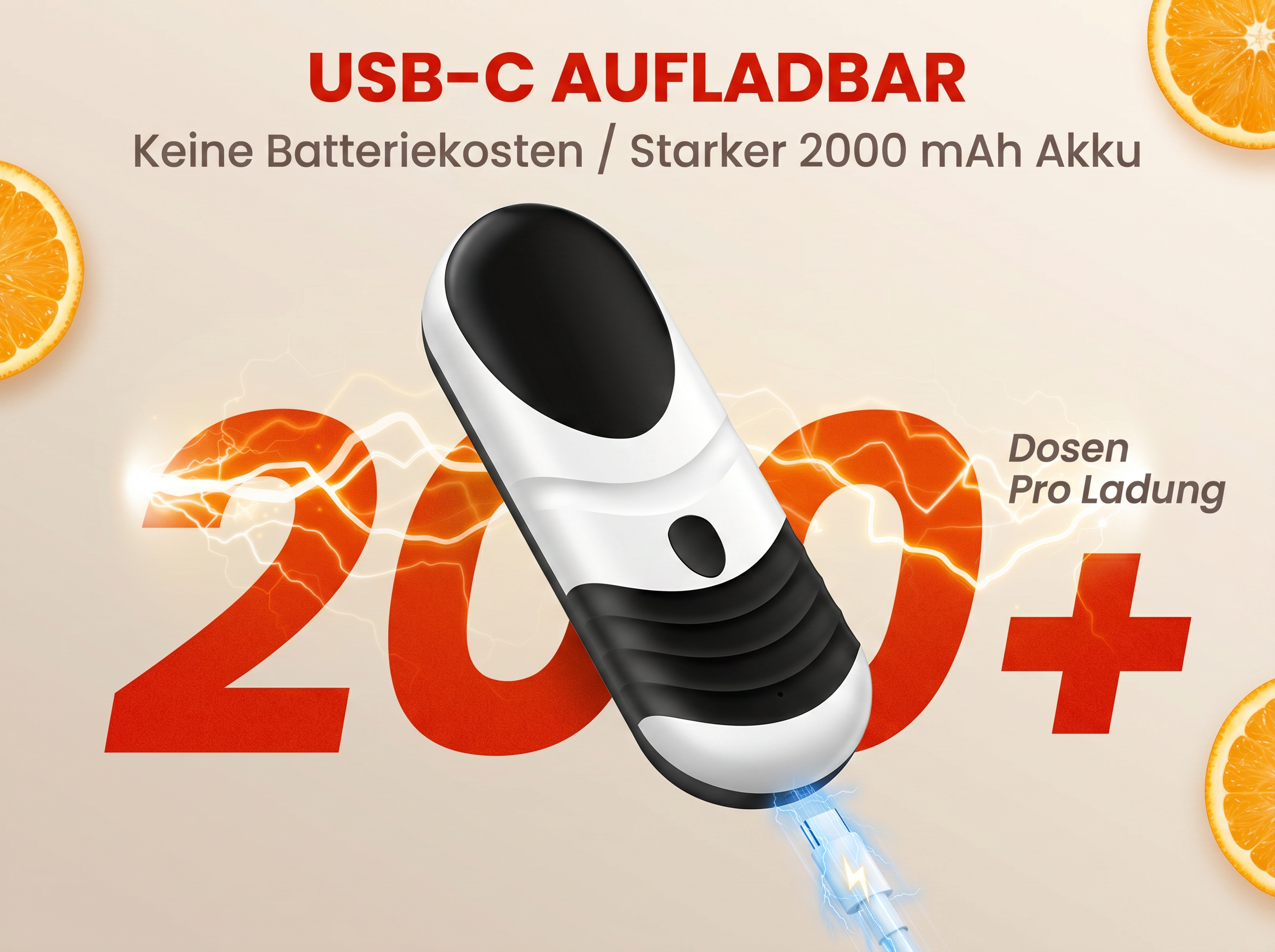USB-C aufladbar, 2000 mAh Akku, 200+ Dosen pro Ladung.