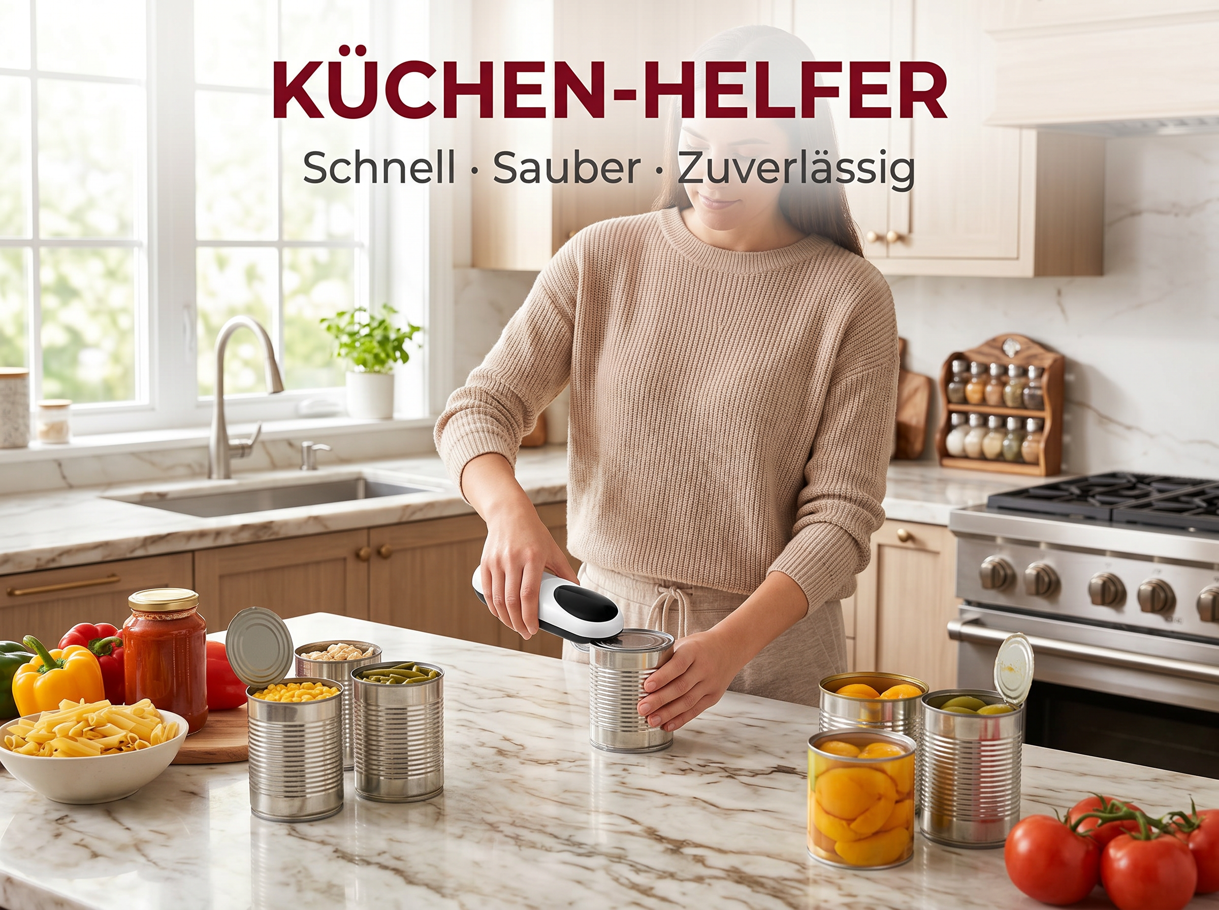 Eine Frau benutzt einen elektrischen Dosenöffner in einer Küche mit Lebensmitteln.