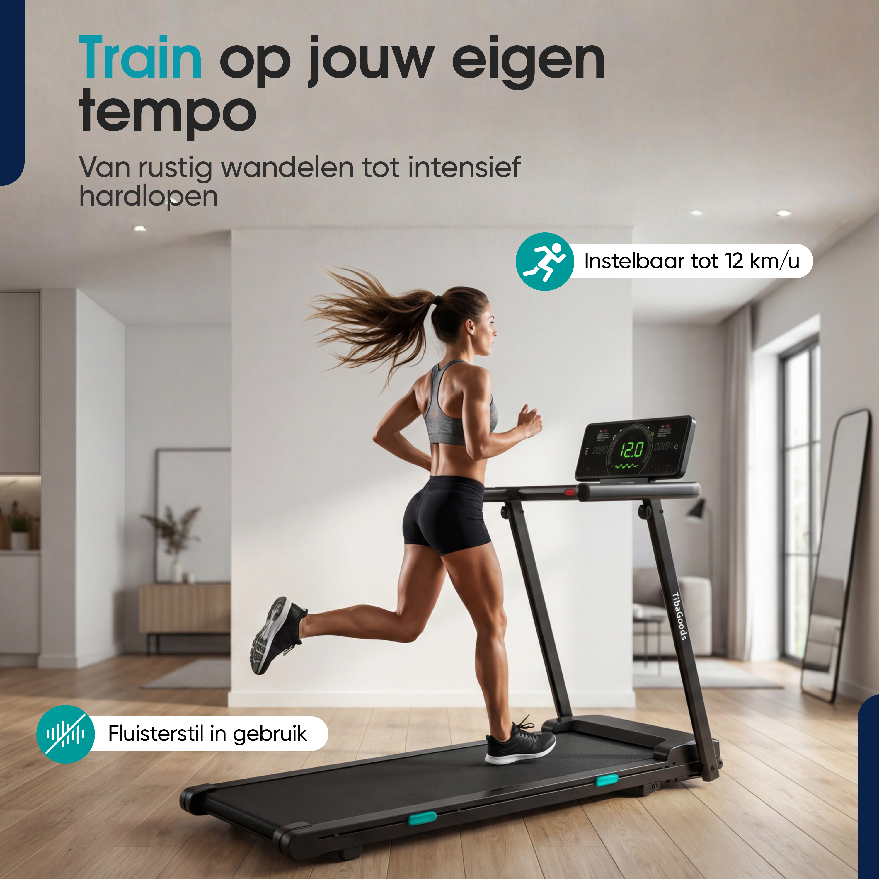 Een vrouw rent op een loopband in een modern huis. De loopband is zwart met een display.