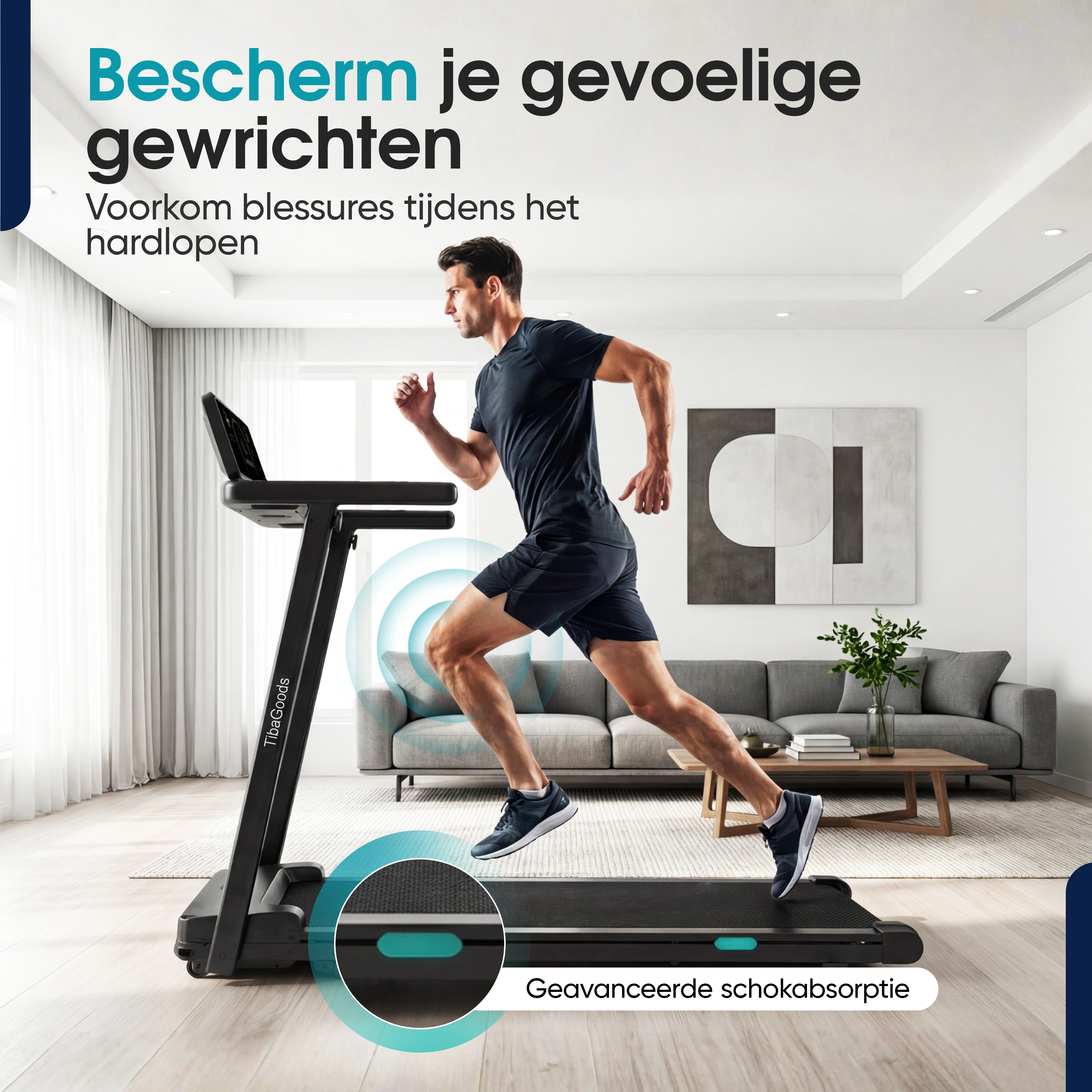 Man op loopband in moderne woonkamer, met tekst.
