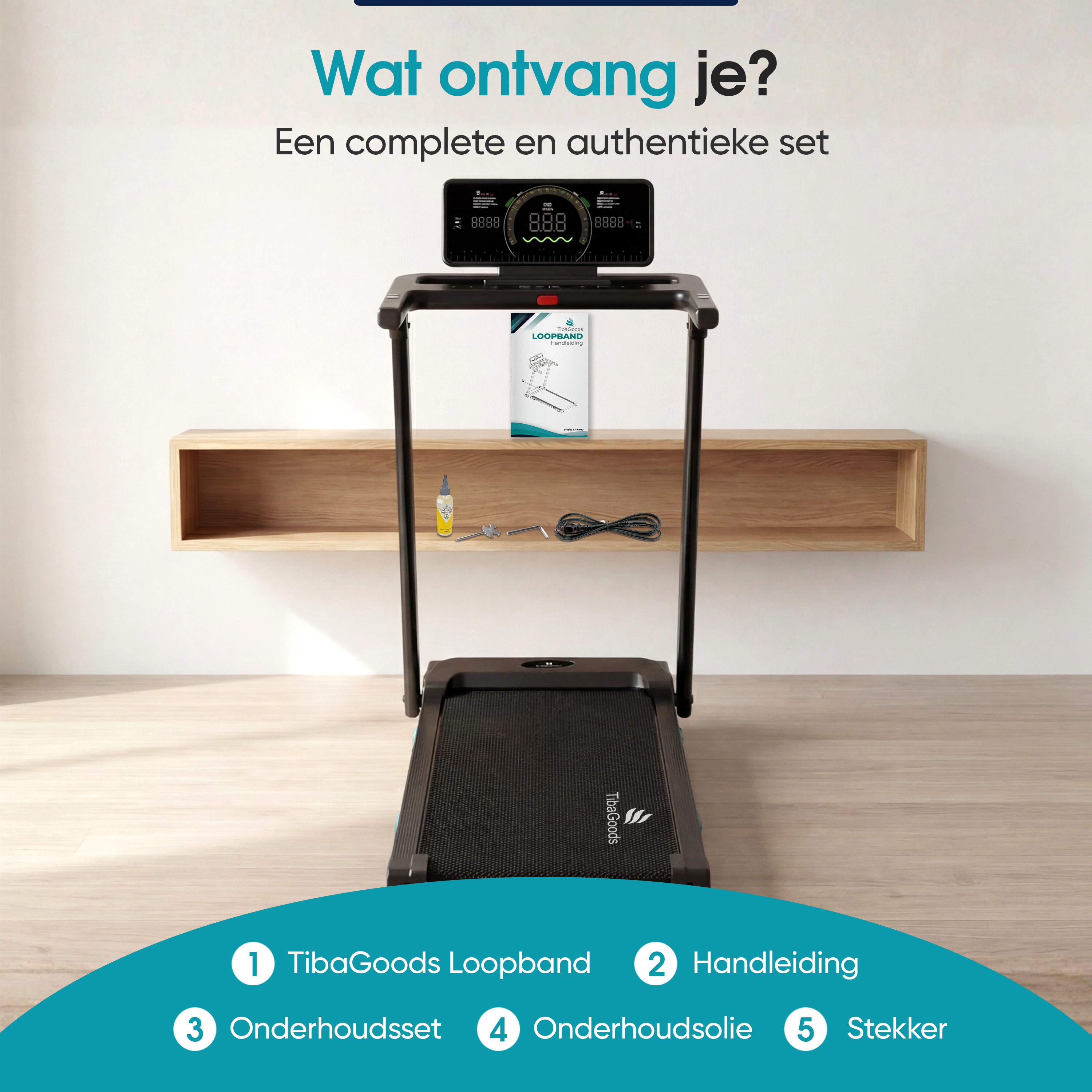 Loopband met handleiding, onderhoudsset, olie en kabel op houten vloer.