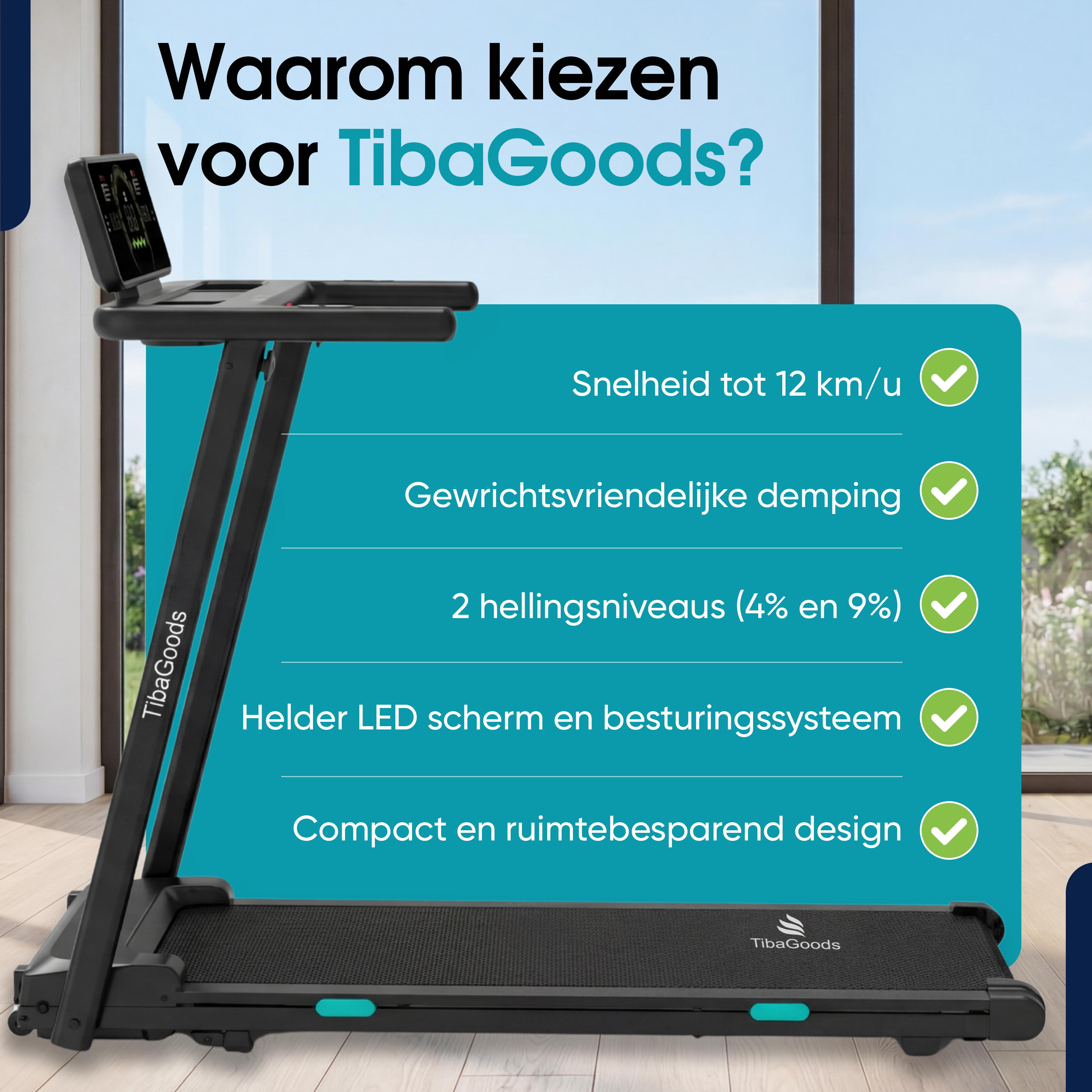 Zwart loopband met LED-scherm en tekst over TibaGoods voordelen.