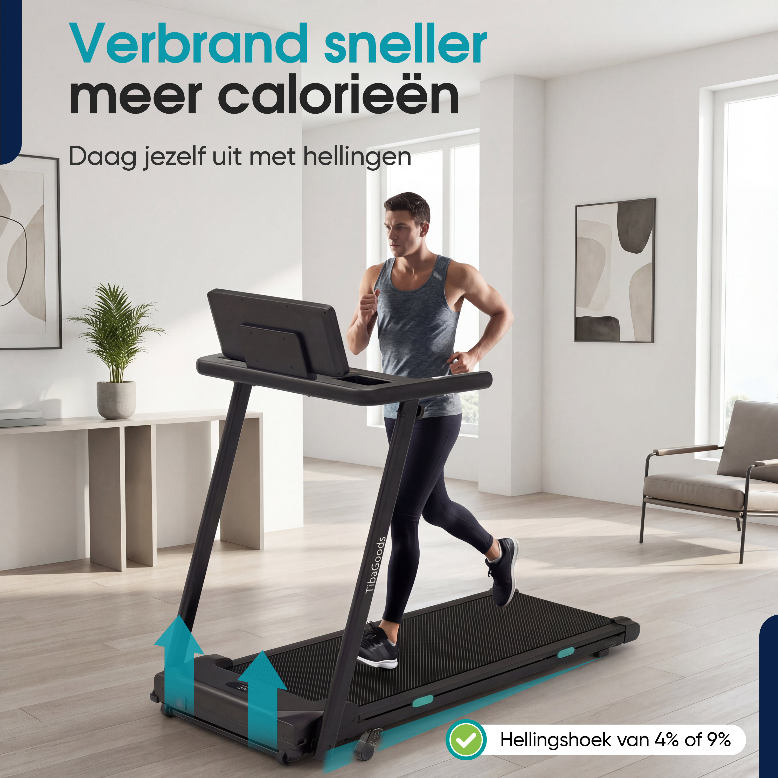 Een man sport op een loopband in een moderne kamer met kunst en planten.