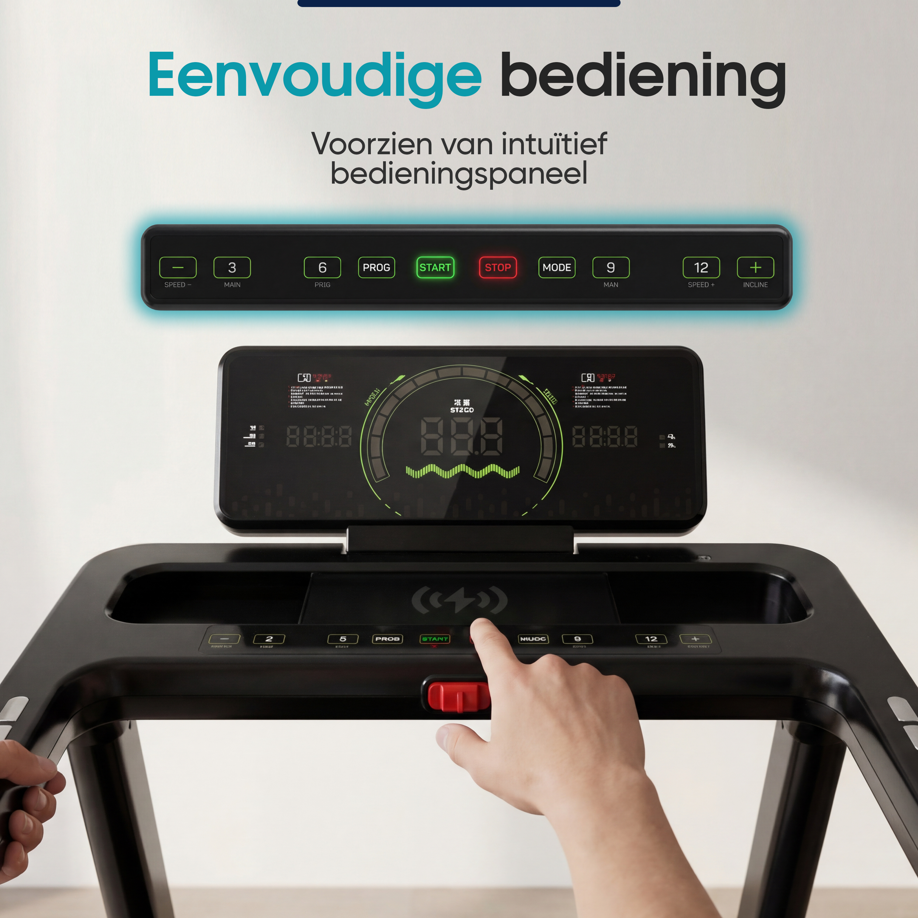 Een man bedient een loopband bedieningspaneel met veel knoppen en een digitaal display.