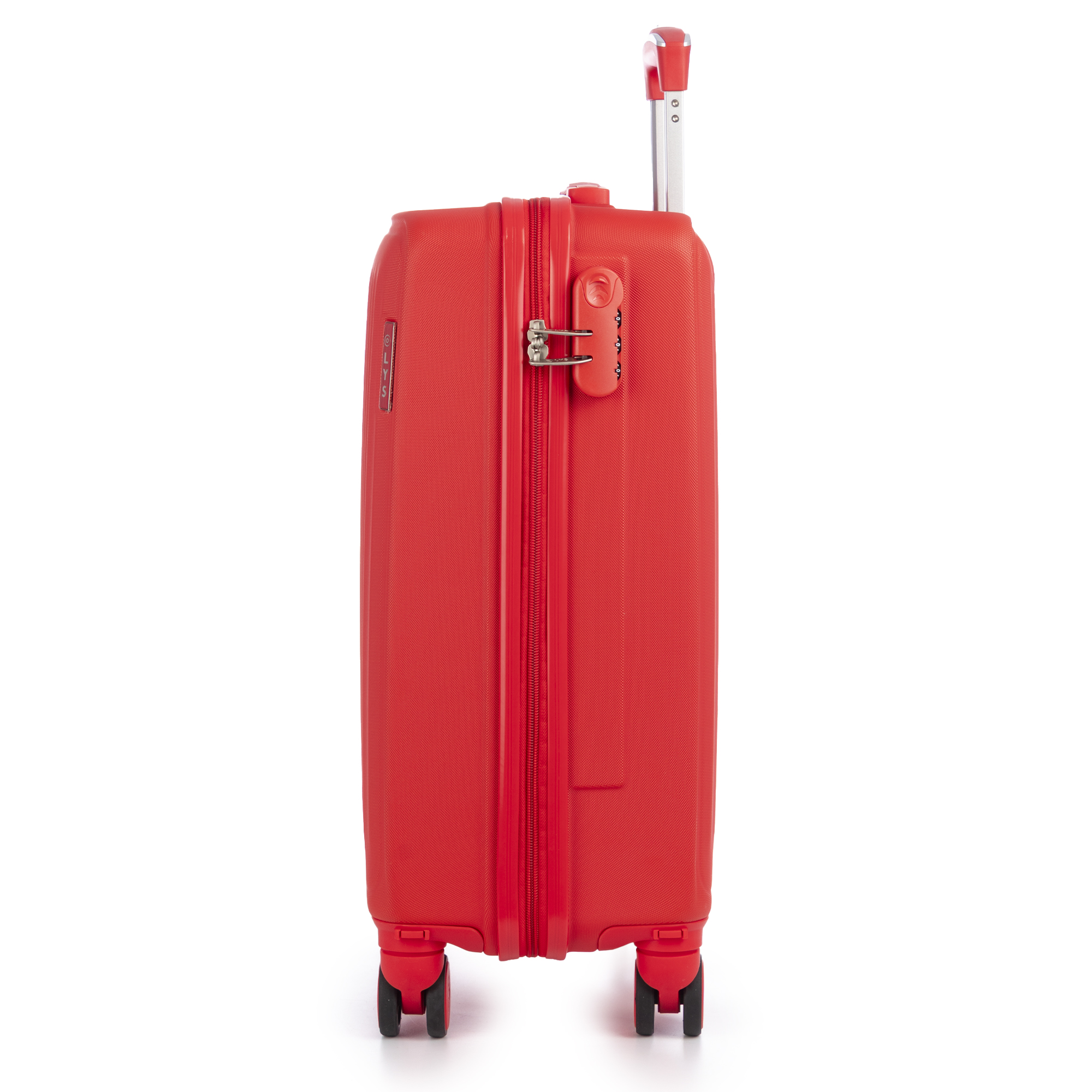 Una maleta roja con asa plateada y candado de combinación sobre fondo blanco.