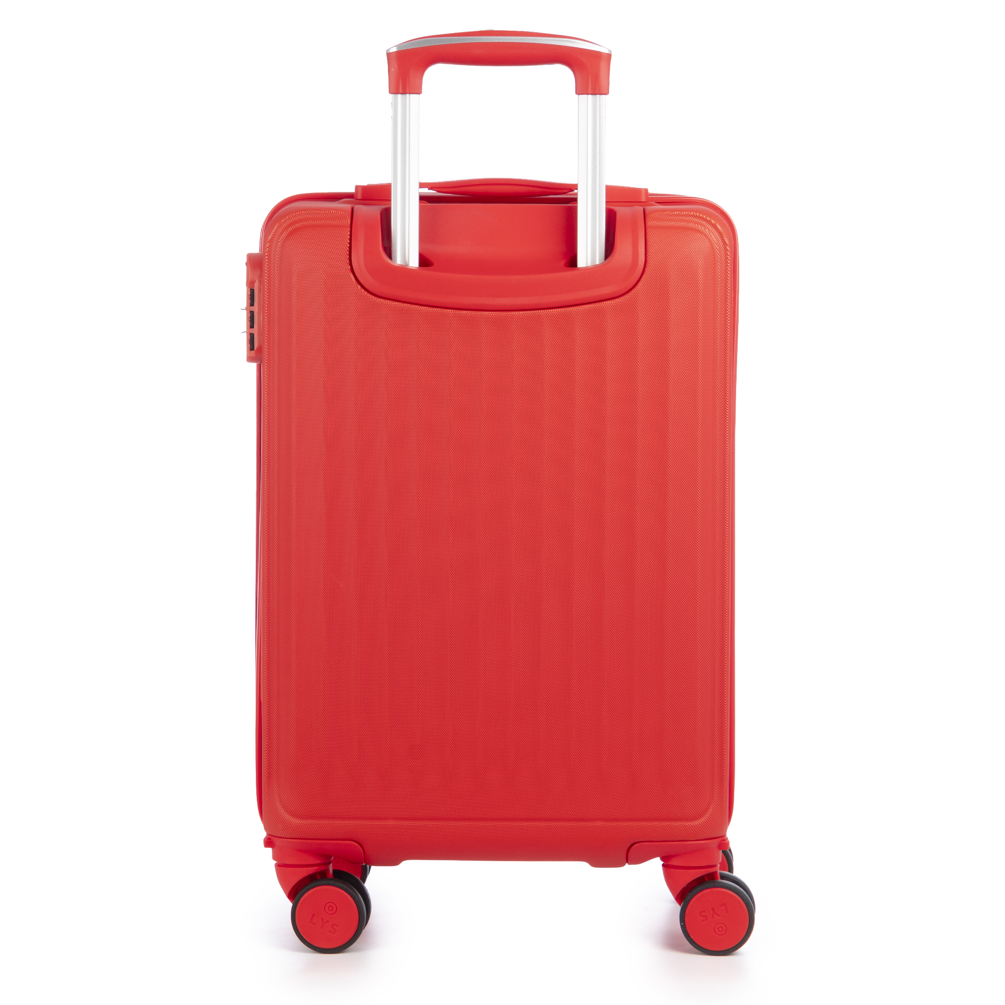 Maleta roja con ruedas, asa extensible y fondo blanco.