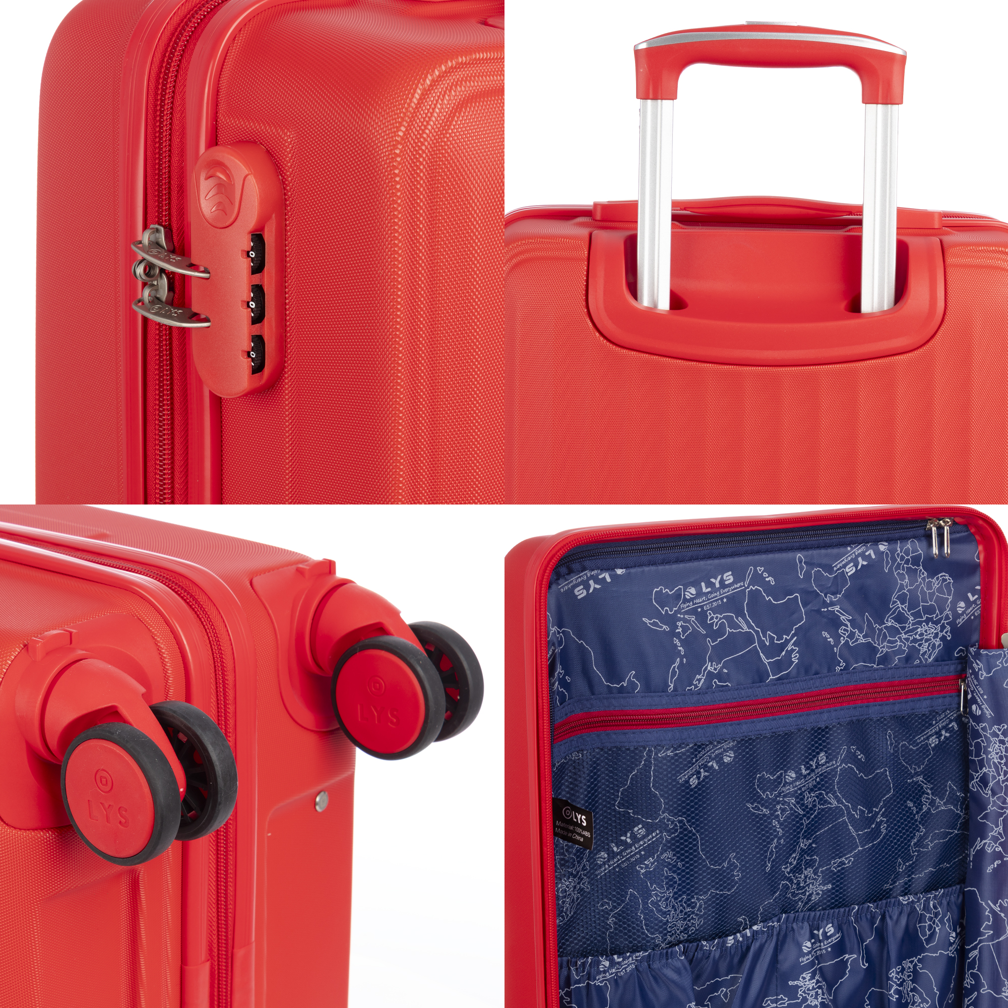 Maleta roja con candado de combinación, asa telescópica y forro interior con mapa mundial.