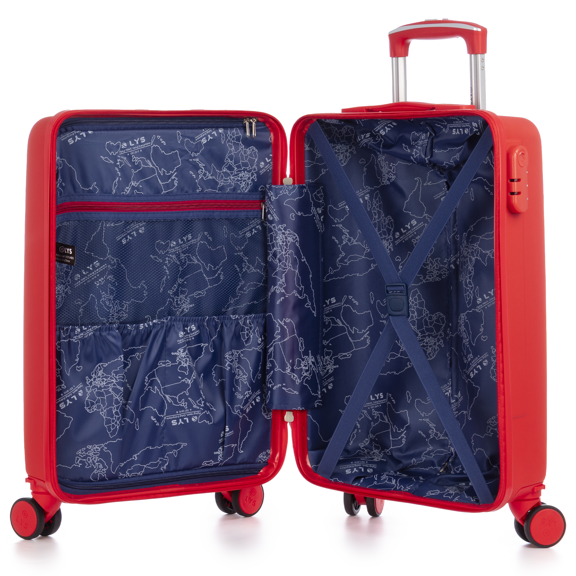 Una maleta roja con el compartimento abierto, con interior azul y estampado de mapa mundial.