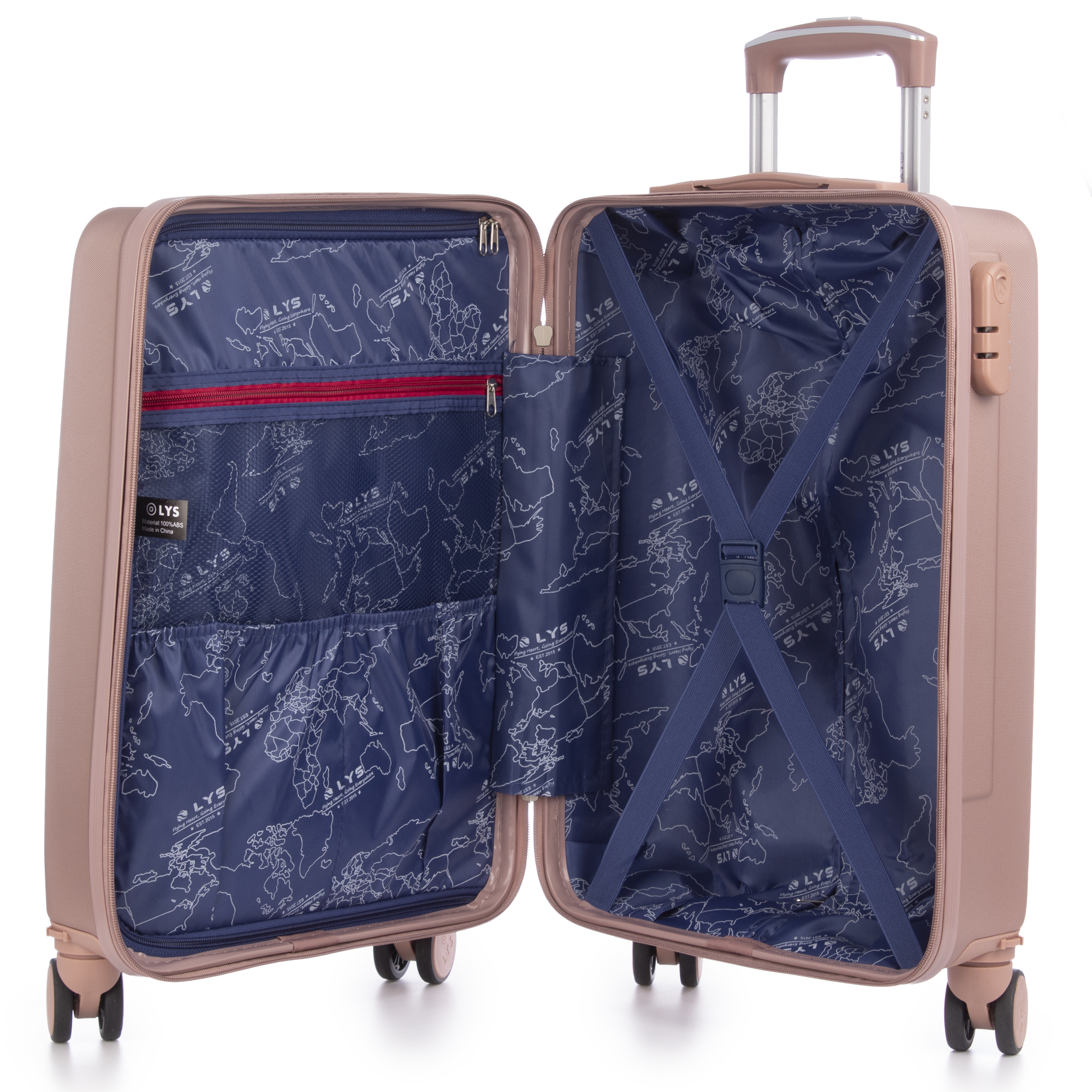 Una maleta abierta, color oro rosa, con interior de mapa mundial y correas.
