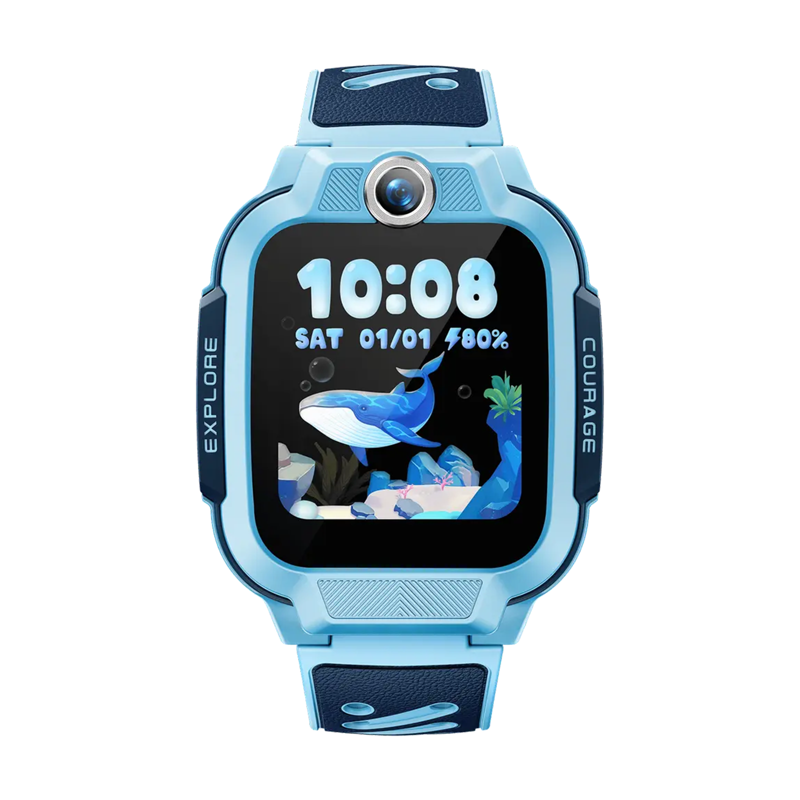 Hellblaue Smartwatch mit Wal-Display, Zeit 10:08, Datum 01/01, 80% Batterie.