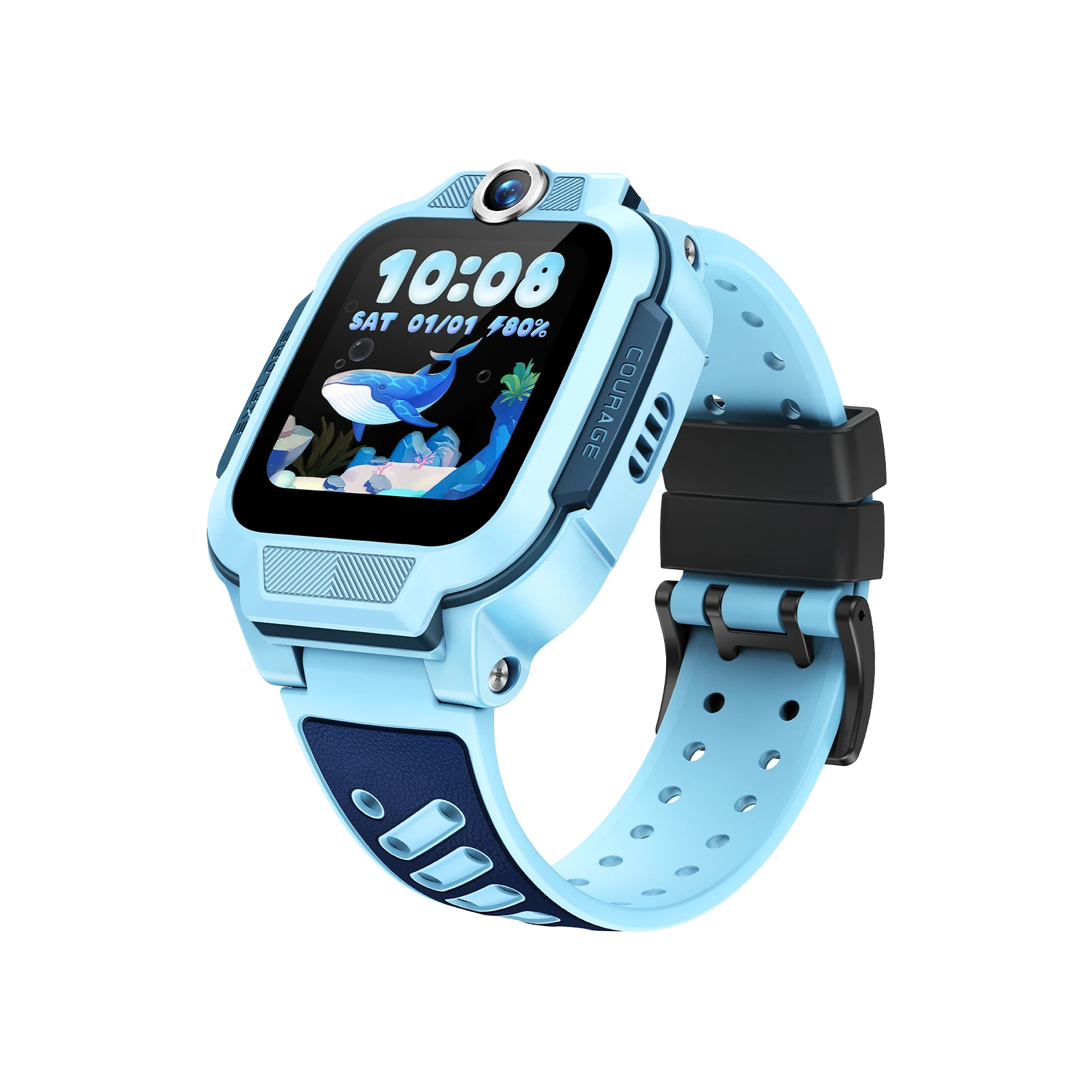 Hellblaue Smartwatch mit Wal-Display, Uhrzeit 10:08, Datum 01/01, 80% Akku.