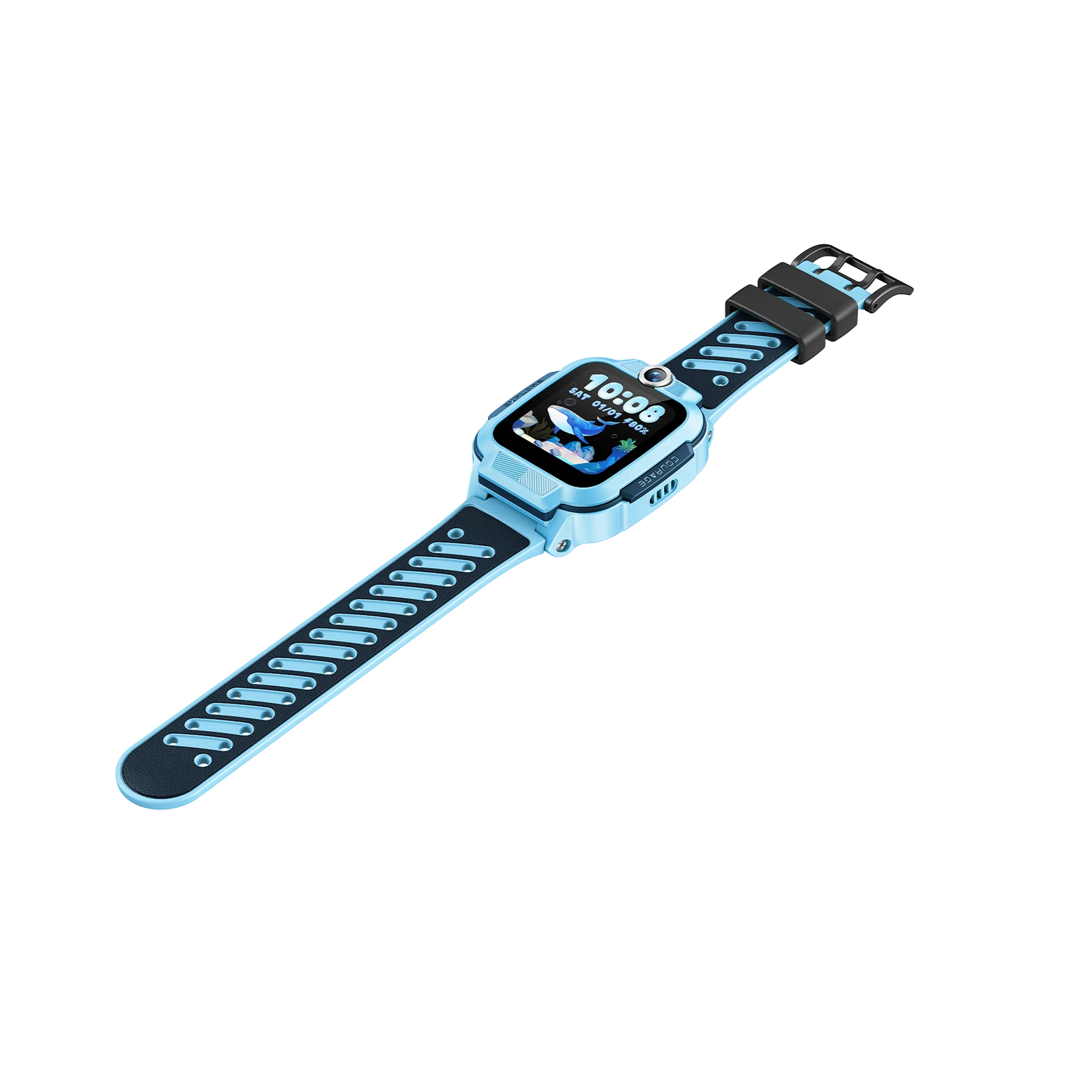 Blaues Kinder-Smartwatch mit Wal-Display, schwarzem Armband und Schnalle.