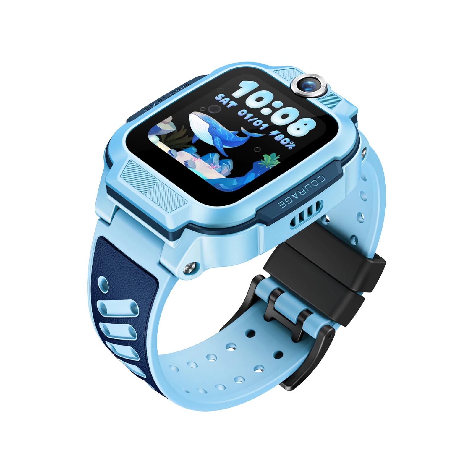 Eine hellblaue Smartwatch mit einem Walsymbol auf dem Display und schwarzem Armband.
