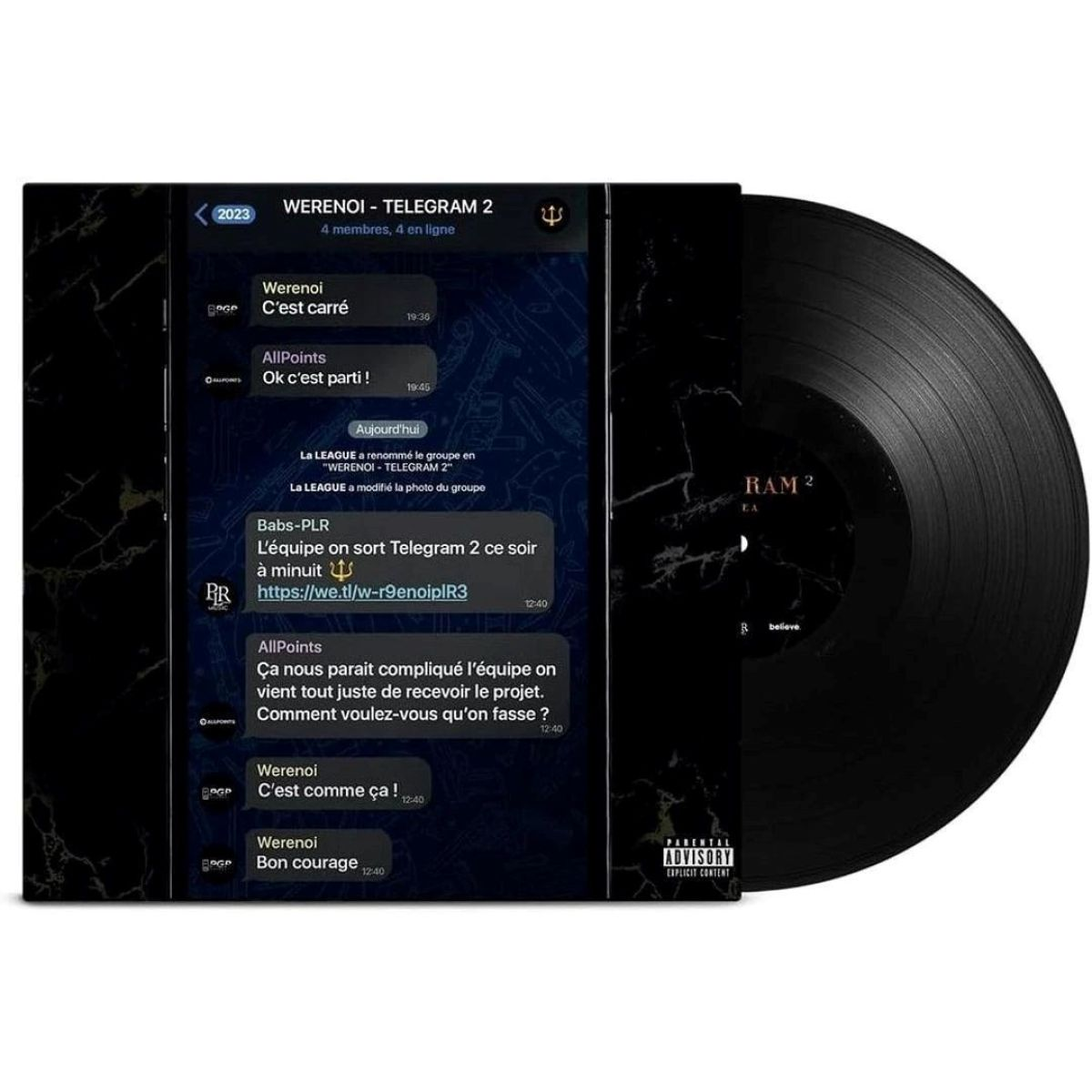 Disco in vinile nero con copertina che mostra un'interfaccia di chat Telegram.
