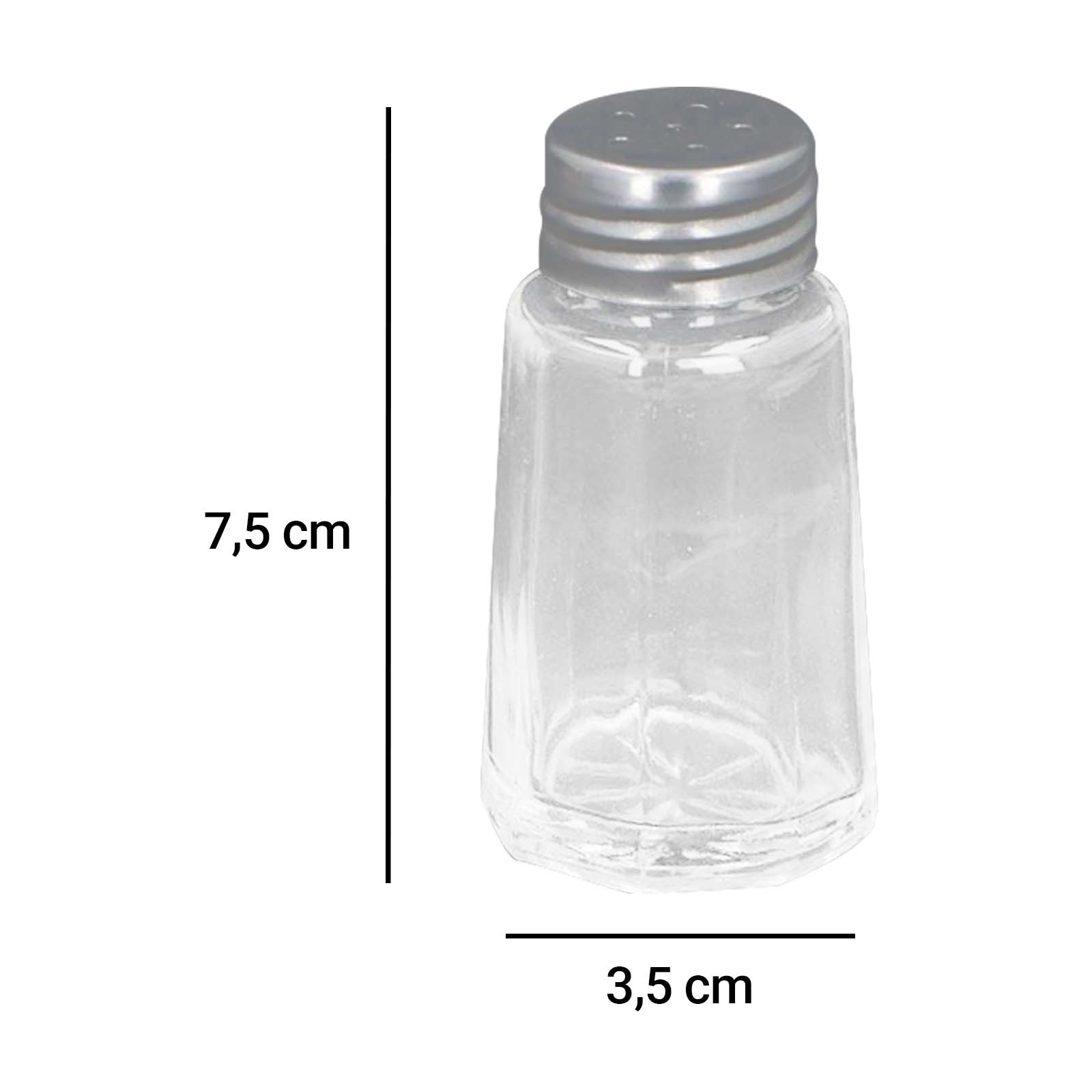 Un piccolo shaker in vetro trasparente con coperchio in metallo argentato.