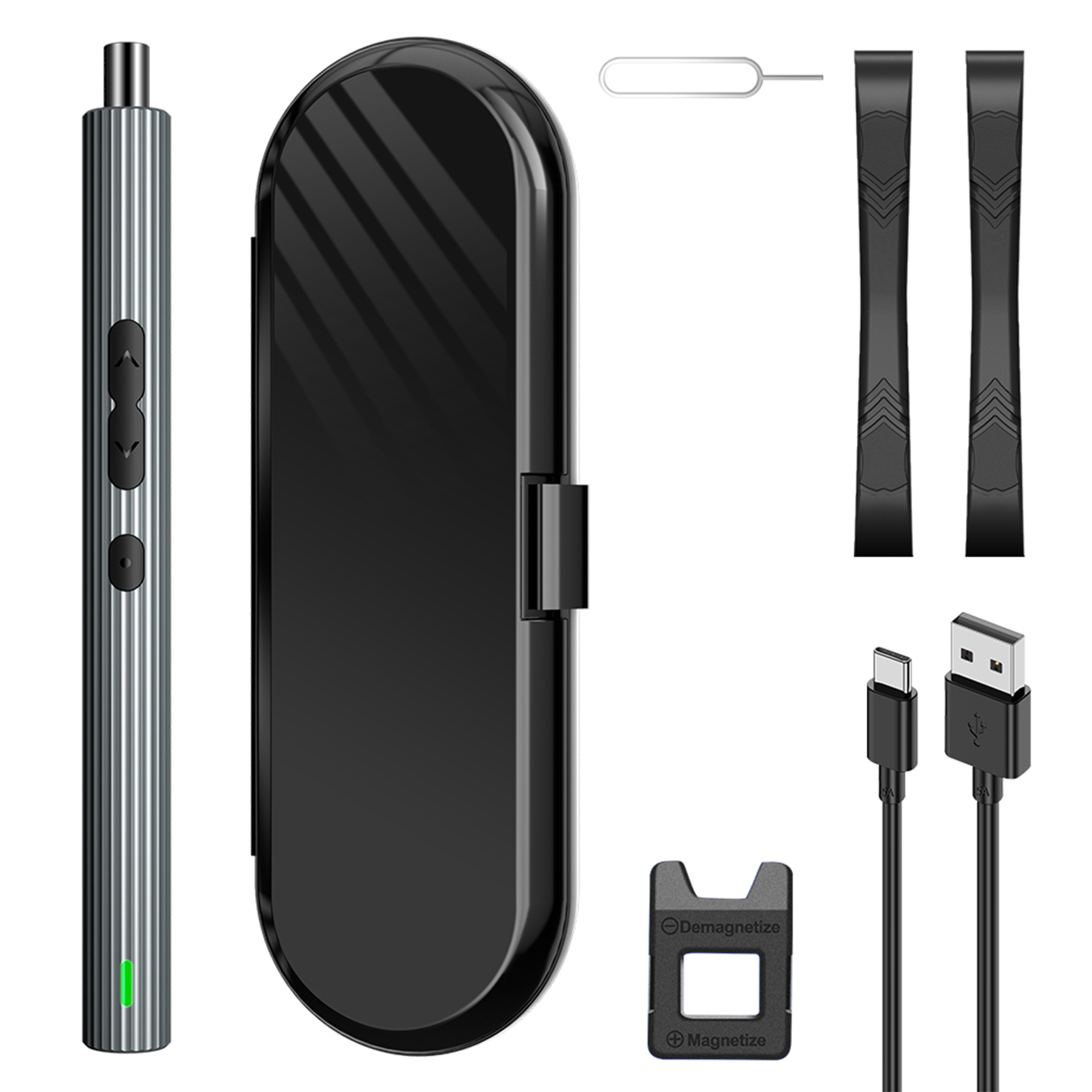 Destornillador eléctrico con accesorios, estuche, cables y herramientas.