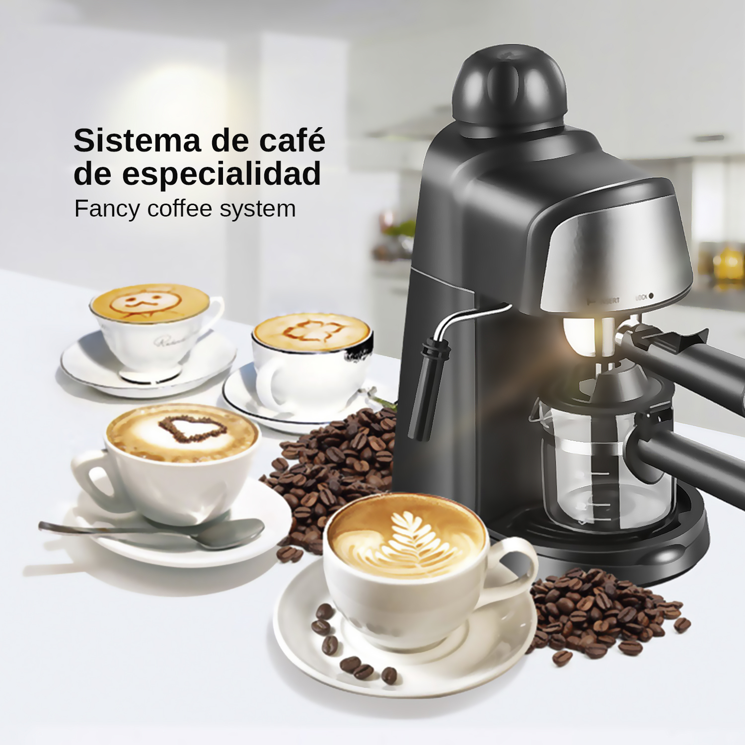 Kaffeemaschine mit drei Cappuccinos, Kaffeebohnen und Text.