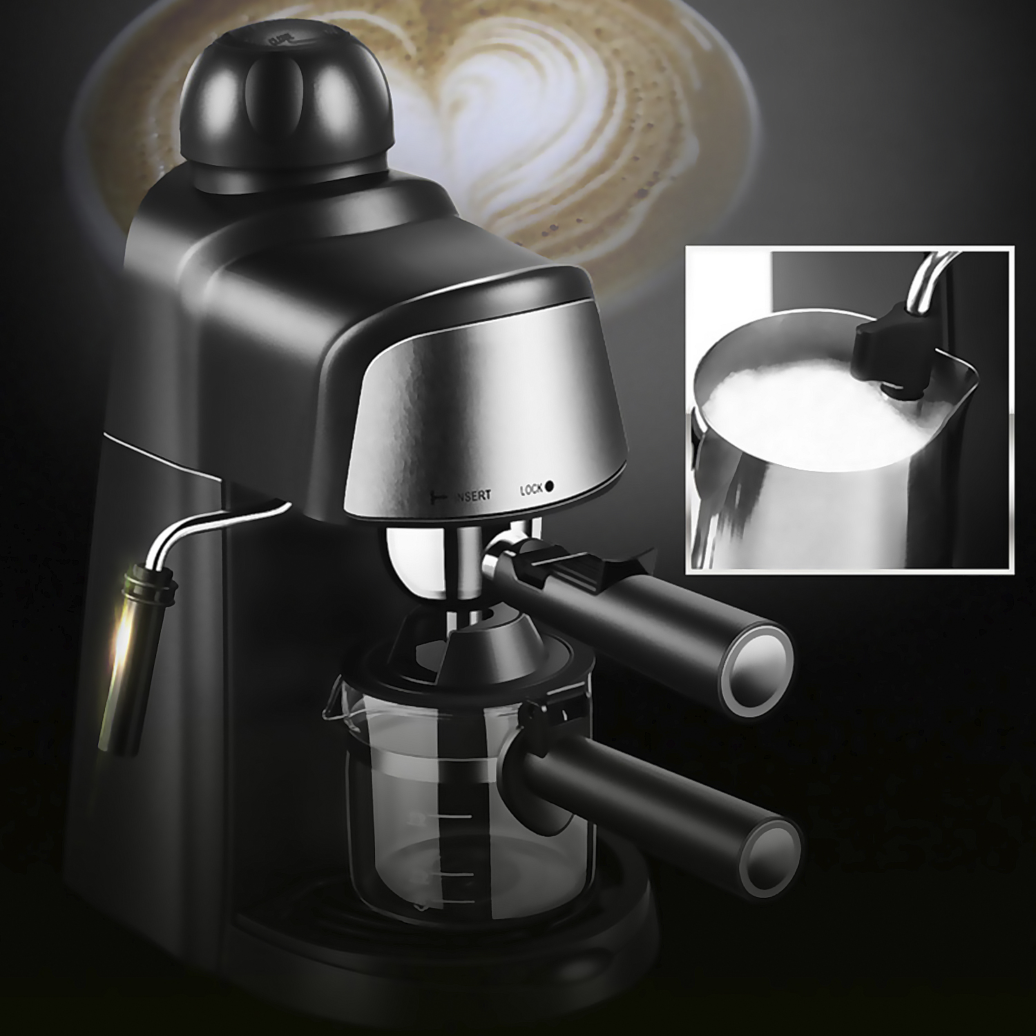 Schwarze Espressomaschine mit Milchkännchen und Kaffeetasse mit Herzmuster.