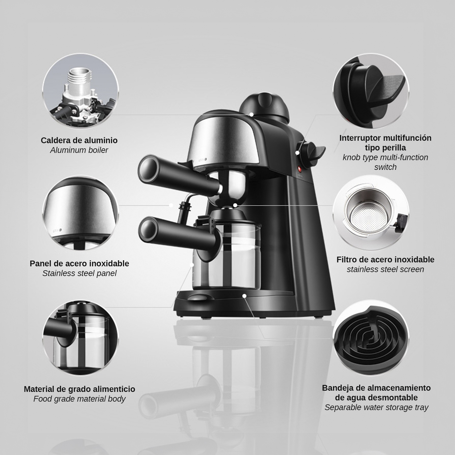 Eine schwarze Kaffeemaschine mit Edelstahl-Akzenten und detaillierten Nahaufnahmen ihrer Komponenten.