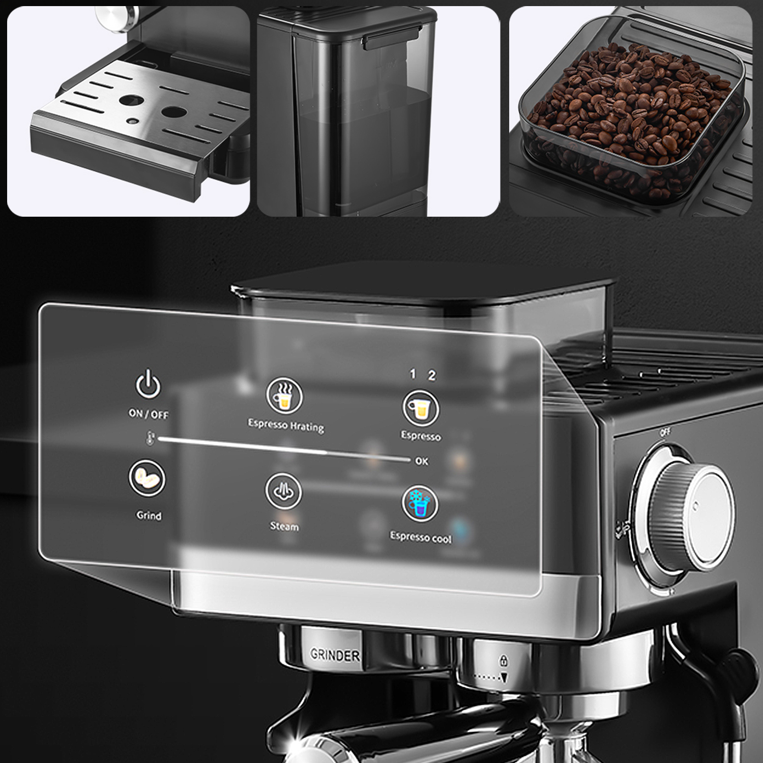 Eine Espressomaschine mit Wassertank, Kaffeebohnen, Tropfschale und Bedienfeld.