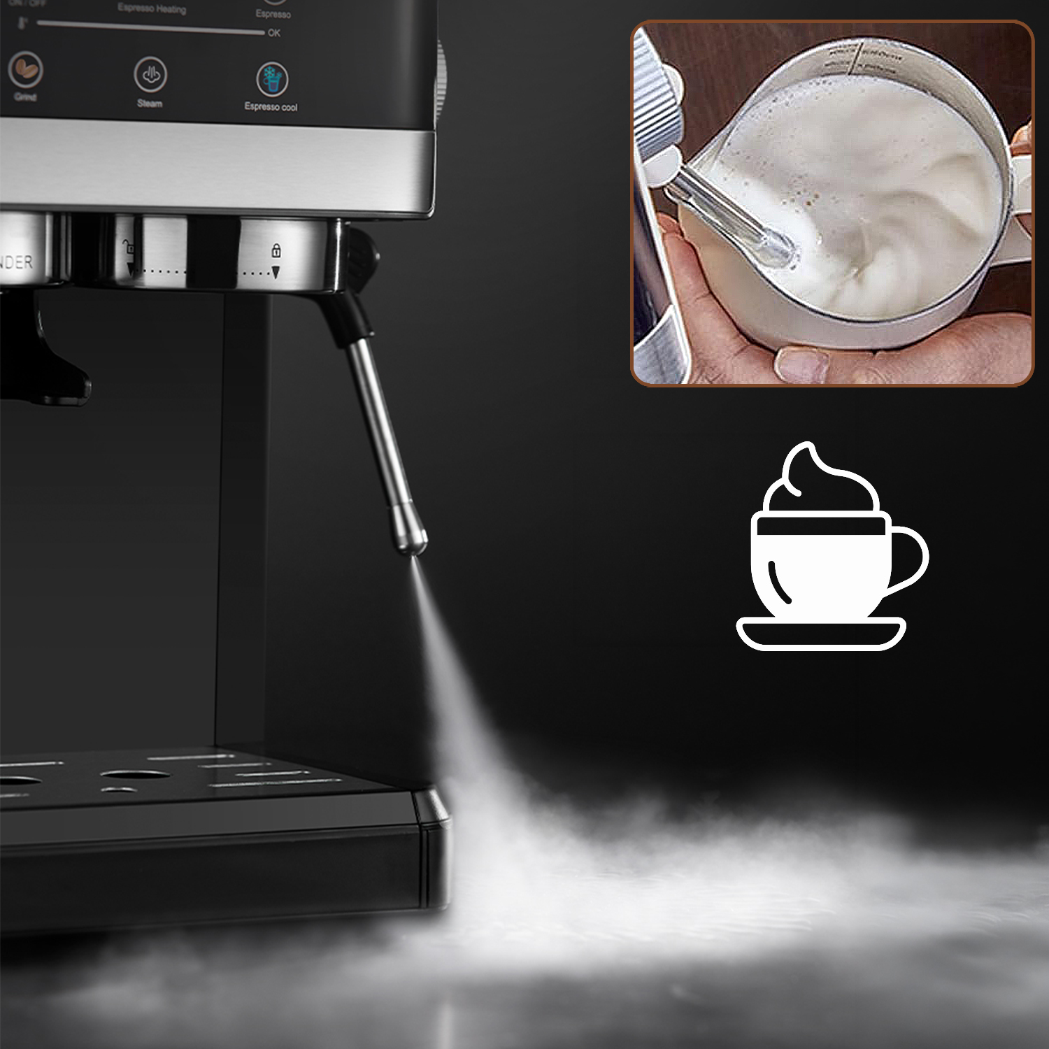 Eine Espressomaschine mit Dampf und Milchschaum. Daneben ein Kaffeesymbol.