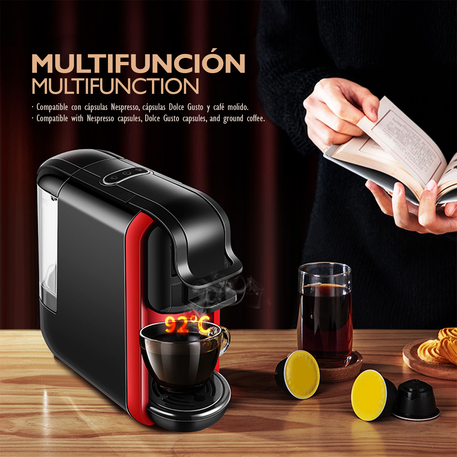 Cafetera con taza humeante, cápsulas y un libro.