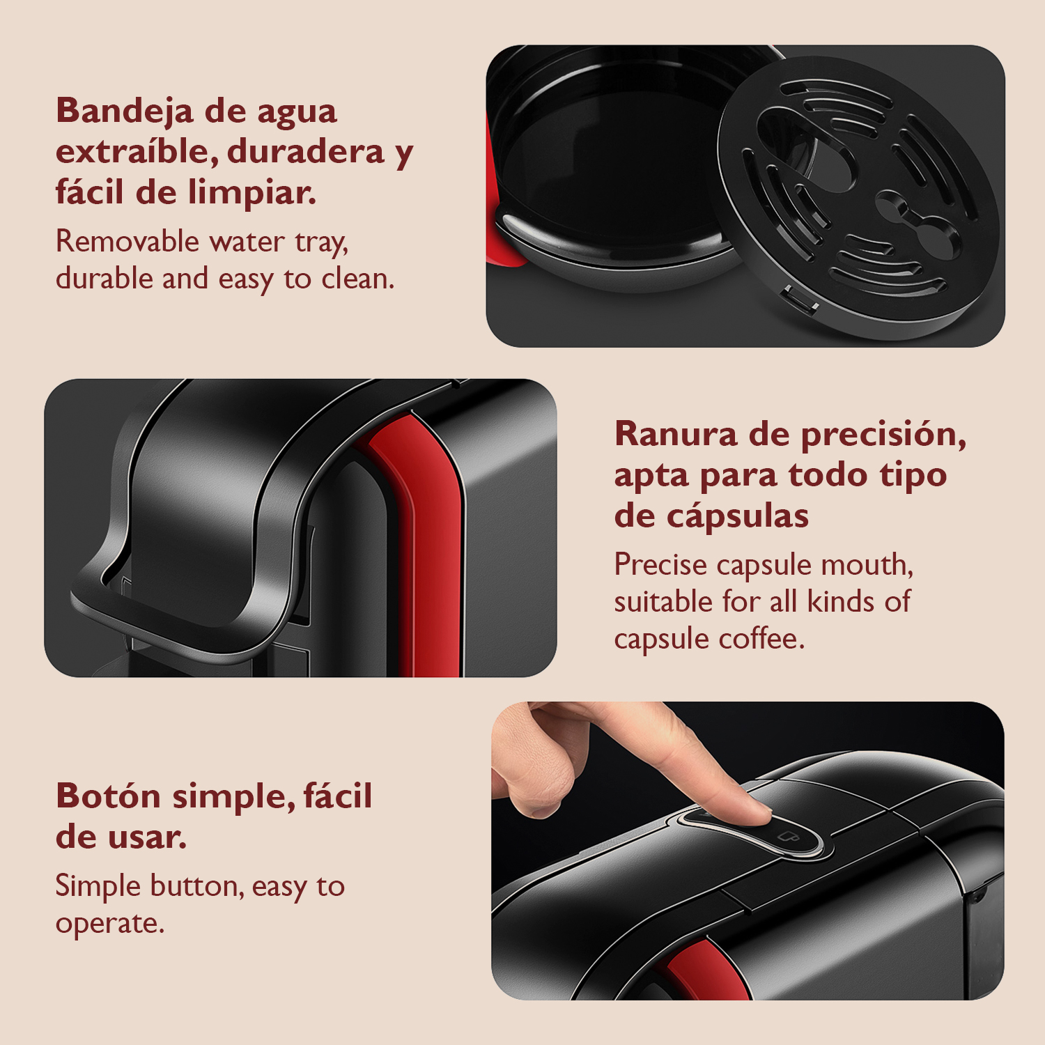 Detalles cafetera: bandeja extraíble, boca cápsula, botón.