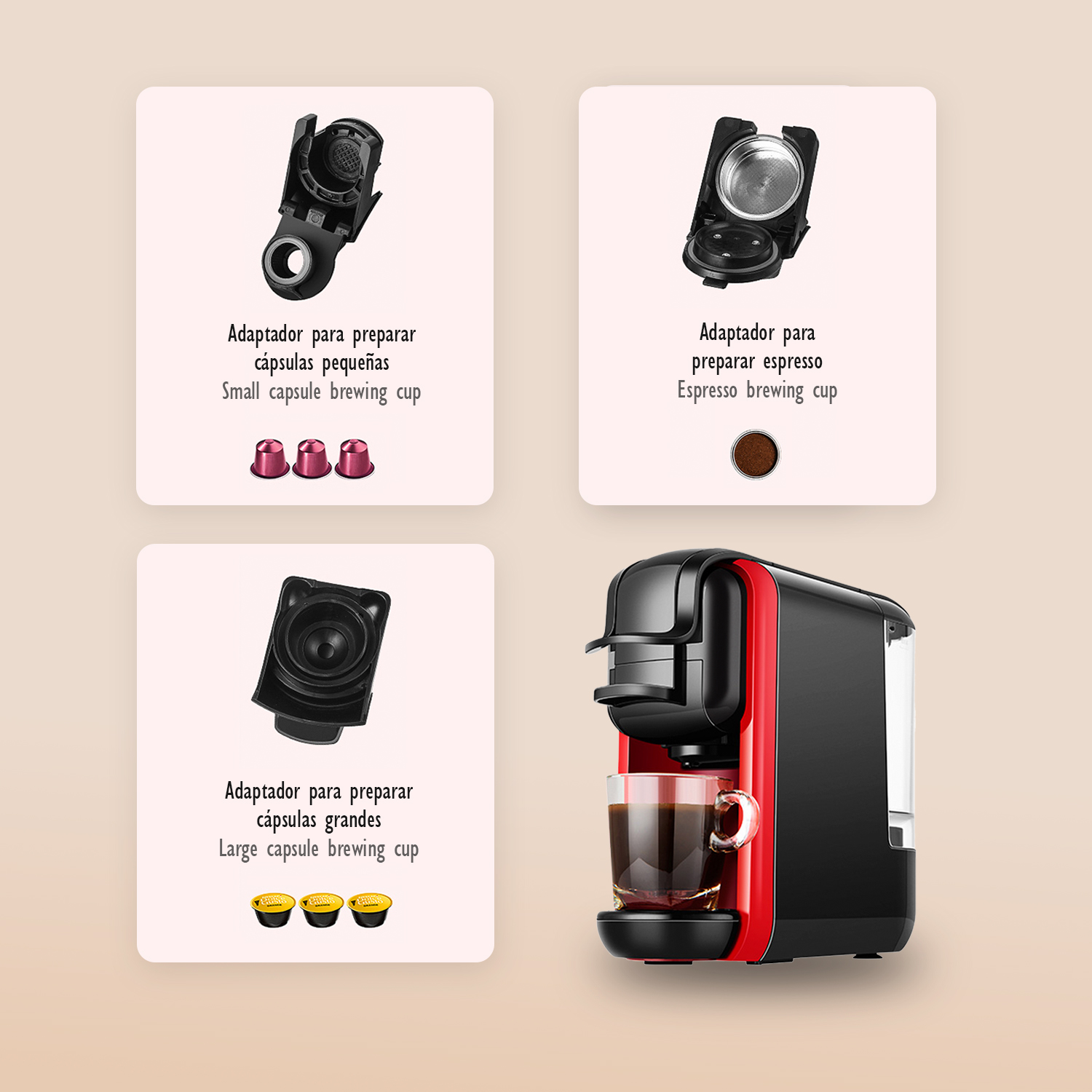 Un adaptador para tazas de infusión de cápsulas pequeñas y tres cápsulas rojas.