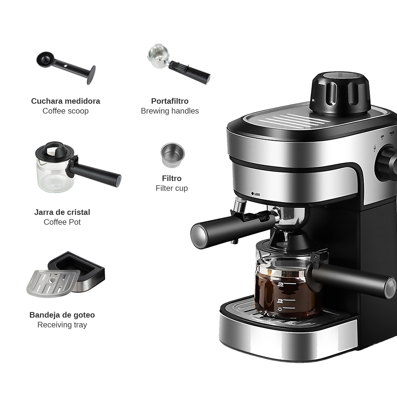 Espressomaschine mit Zubehör: Kaffeelöffel, Siebträger, Kaffeekanne, Abtropfschale.