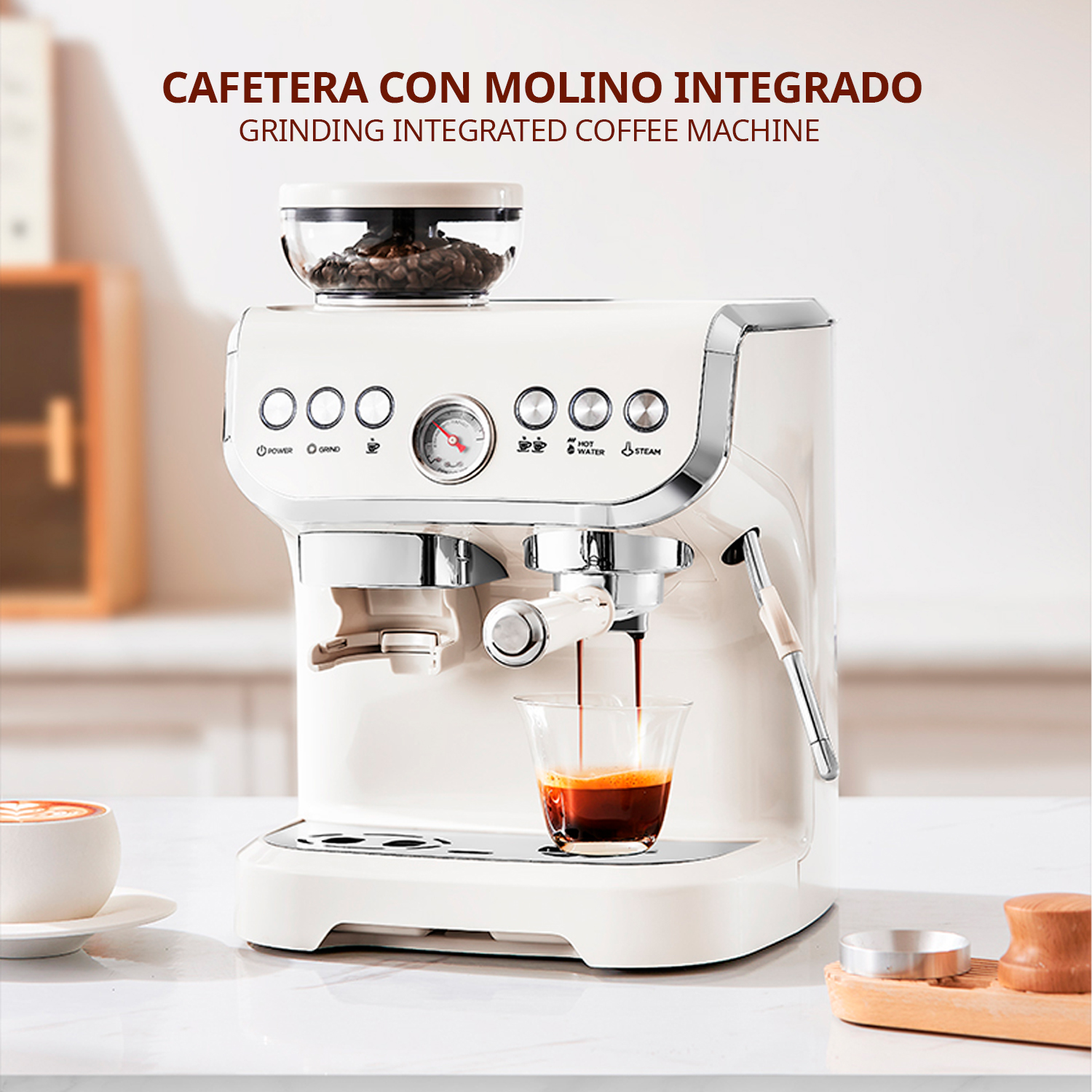 Eine weiße Kaffeemaschine mit integriertem Mahlwerk, die Espresso zubereitet.
