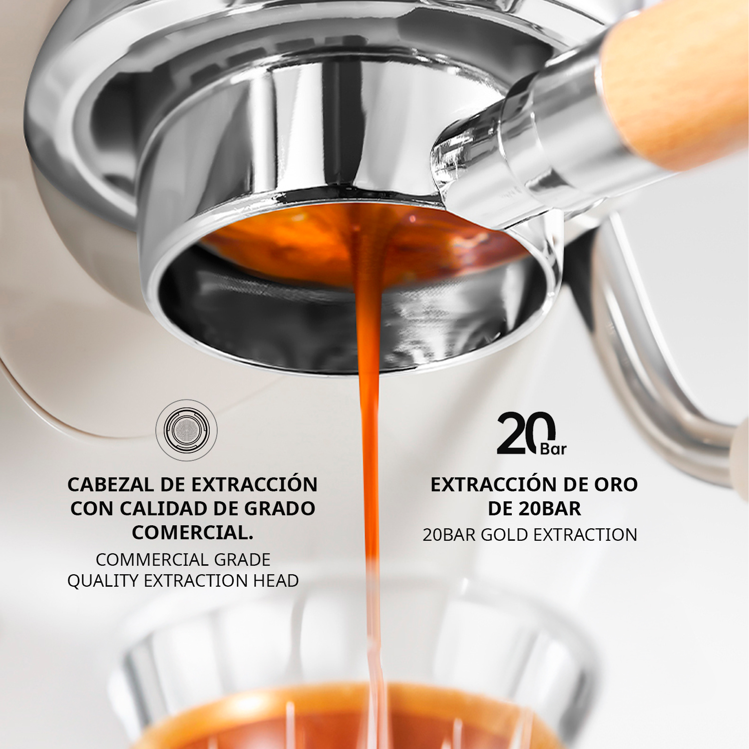 Espressomaschine brüht Kaffee mit 20 Bar Druck aus einer kommerziellen Brühgruppe.