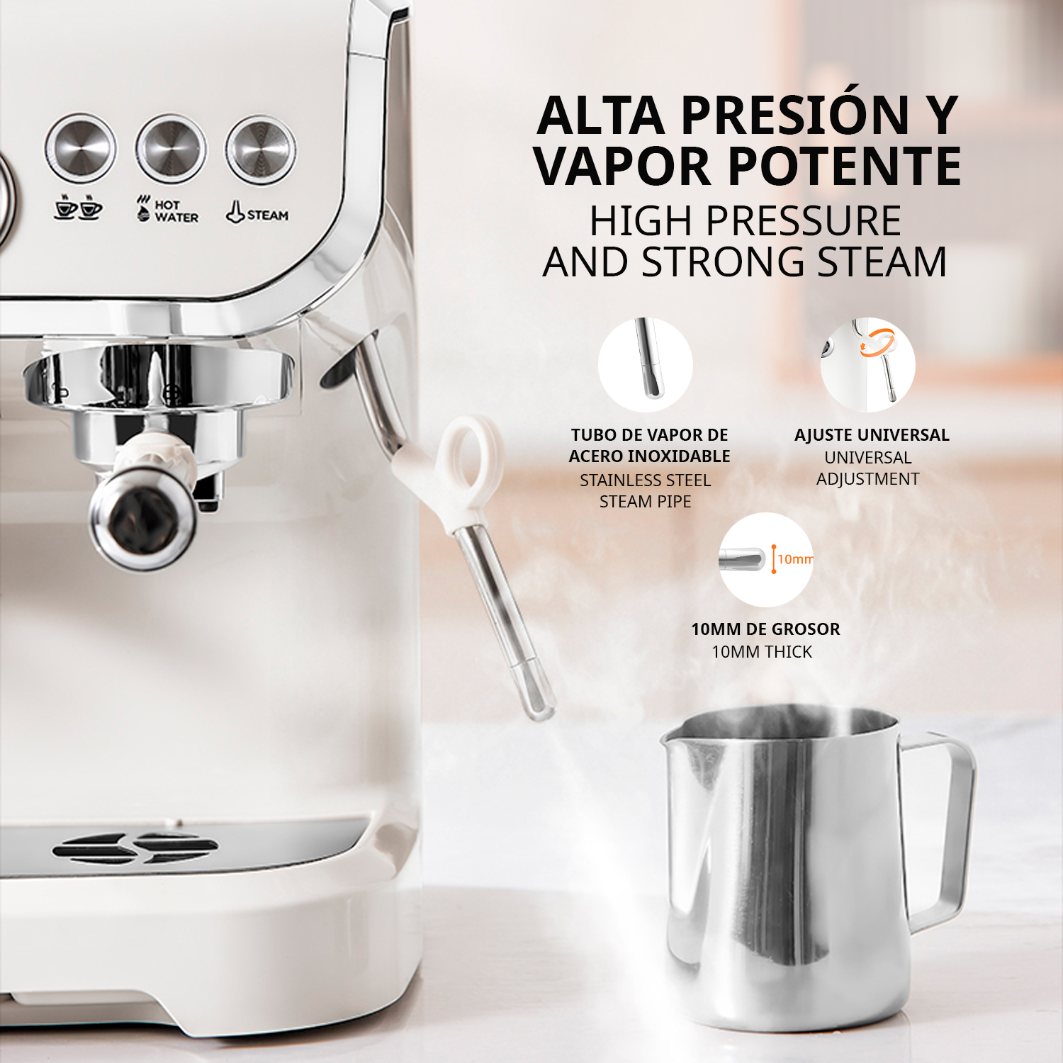 Eine weiße Kaffeemaschine mit Edelstahl-Dampfkrug und Text.