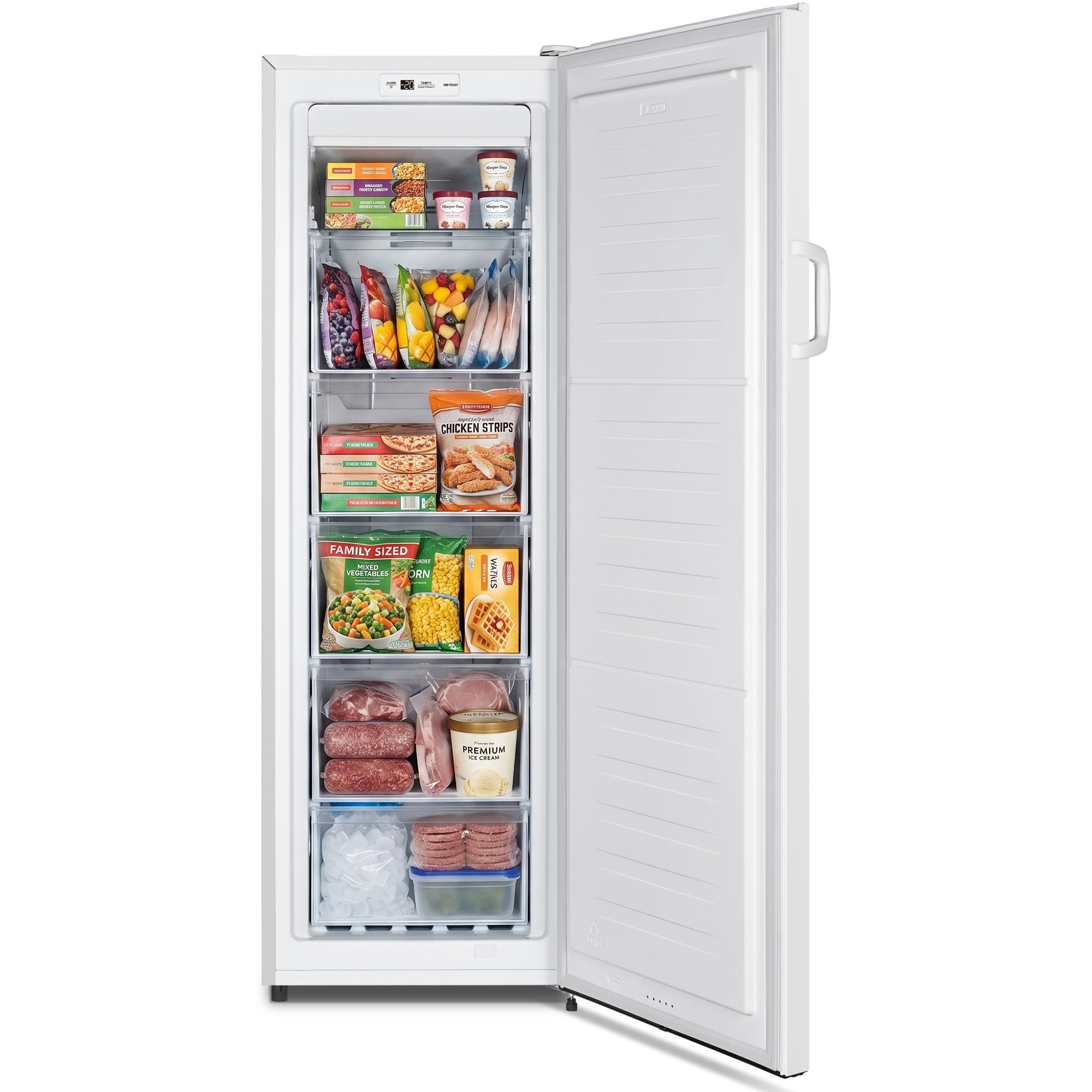 Ein offener Gefrierschrank mit gefrorenen Lebensmitteln wie Pizza, Hühnerstreifen, Gemüse und Eis.