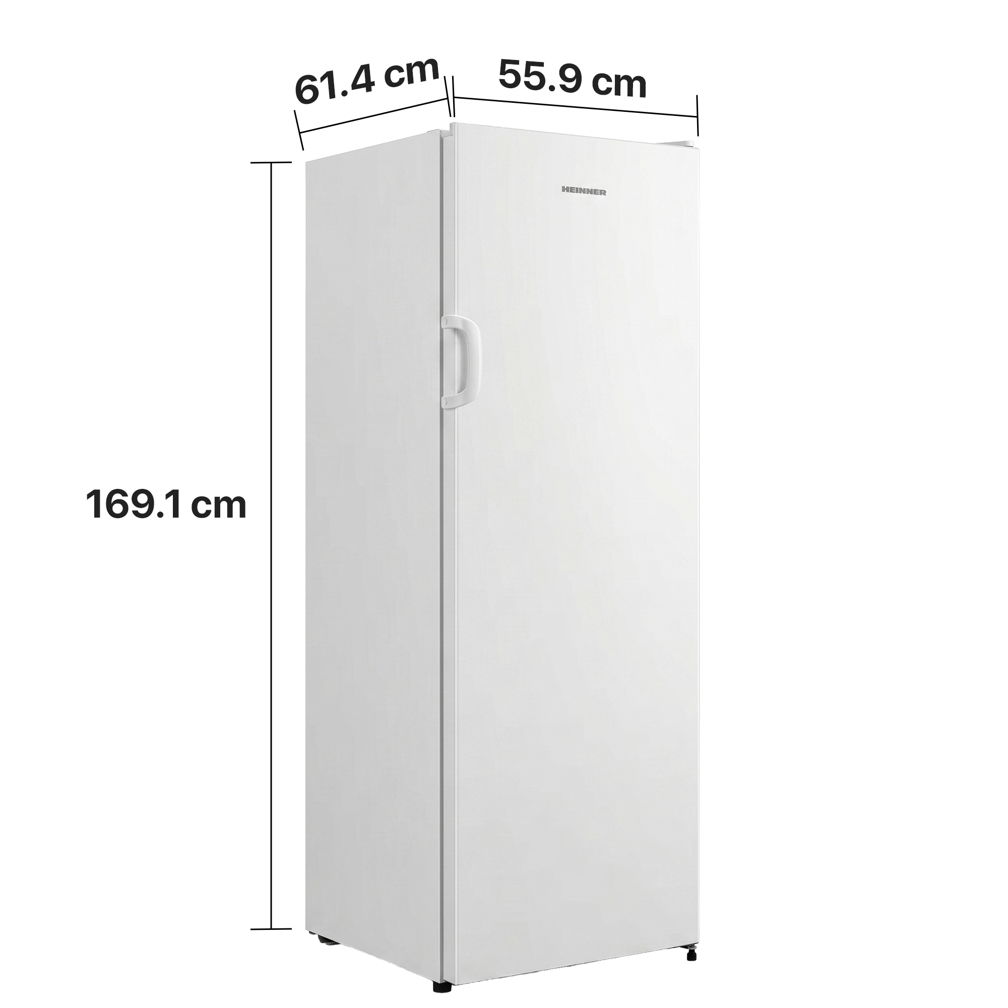 Ein weißer Kühlschrank mit Maßen 169,1 cm H, 61,4 cm B und 55,9 cm T.